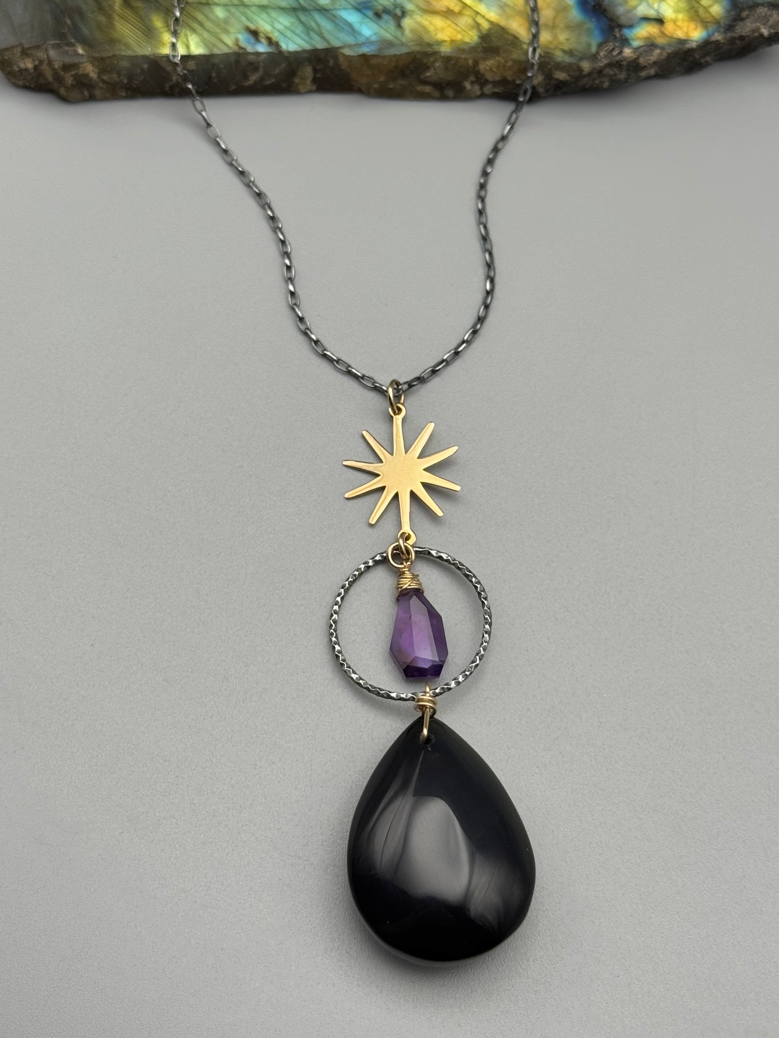 •NYX• rainbow obsidian + amethyst mixed metal necklace (26"-28" long)