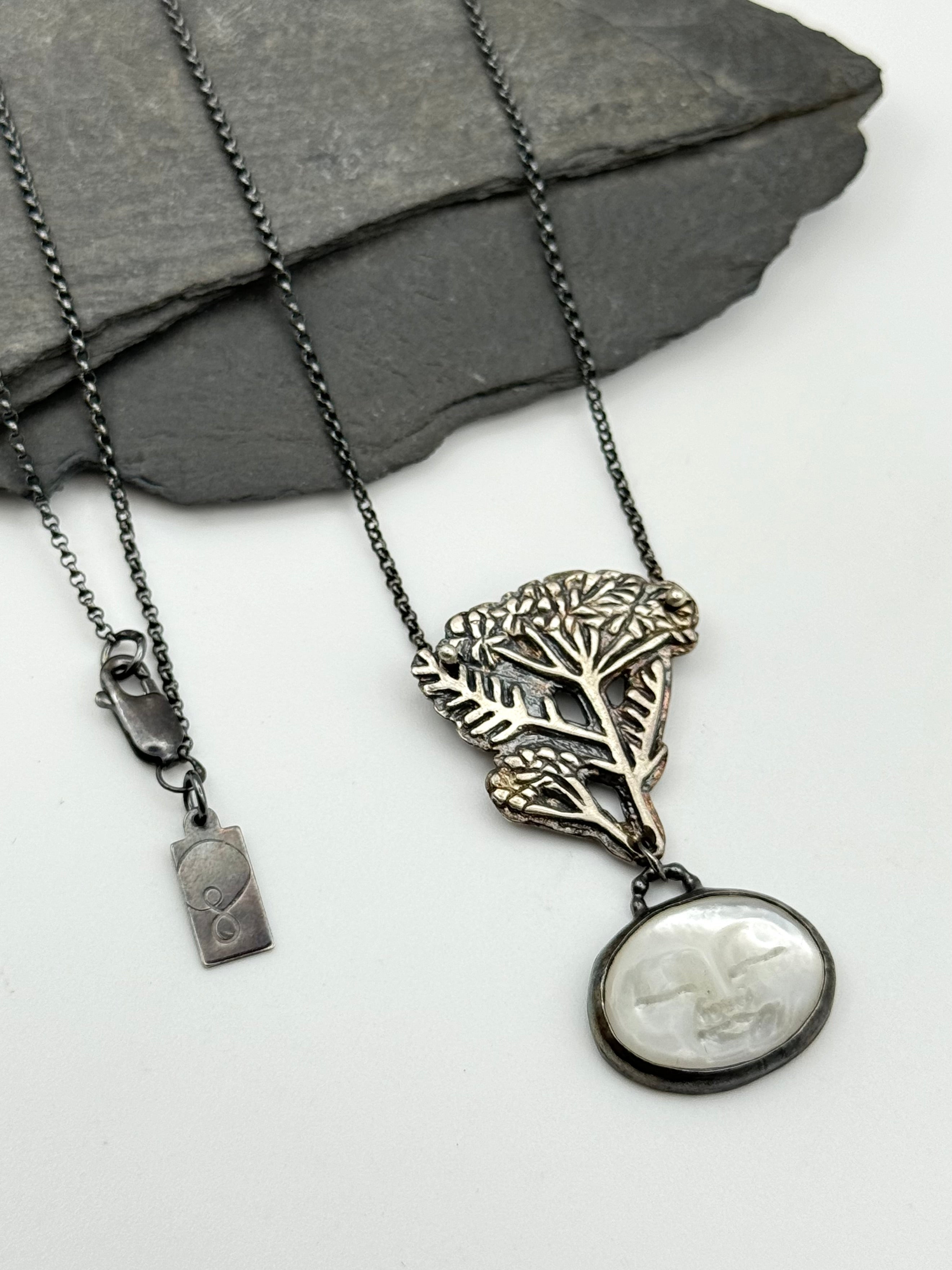 •LADY YARROW• carved mother of pearl + yarrow + silver necklace