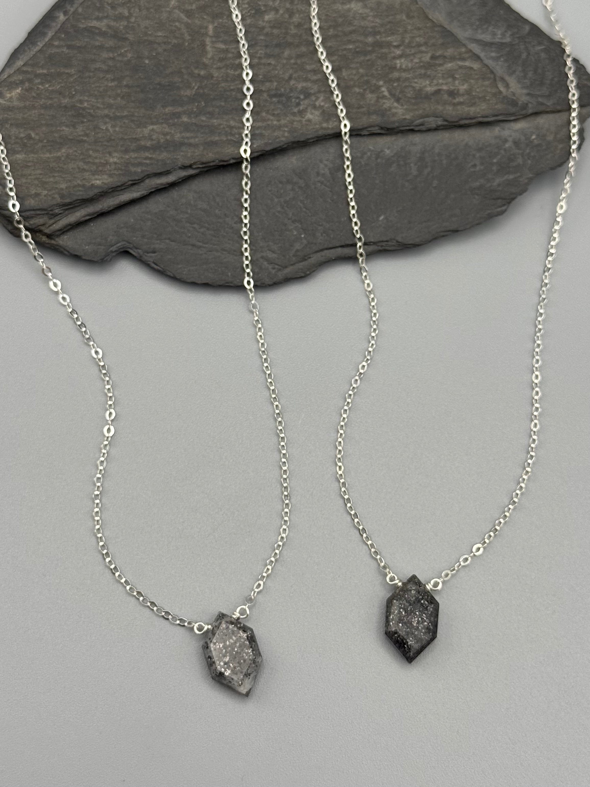 •STRAY• faceted black aventurine lil' hex + silver necklace (various lengths)