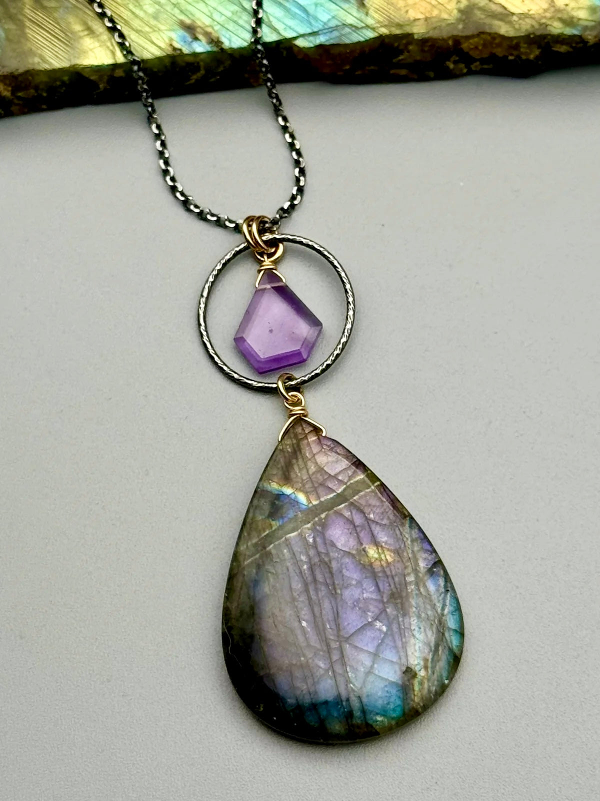 •LUNA• amethyst + labradorite mixed metal necklace (18"-20" long)