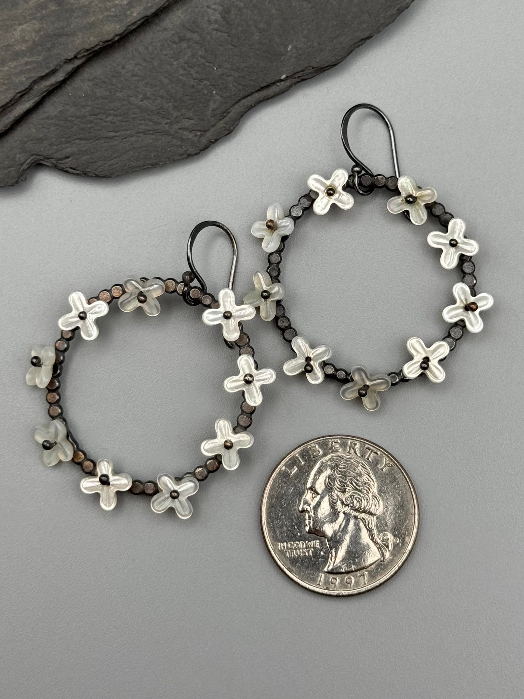 •FLORAL HOOP• mother of pearl + silver hoop earrings