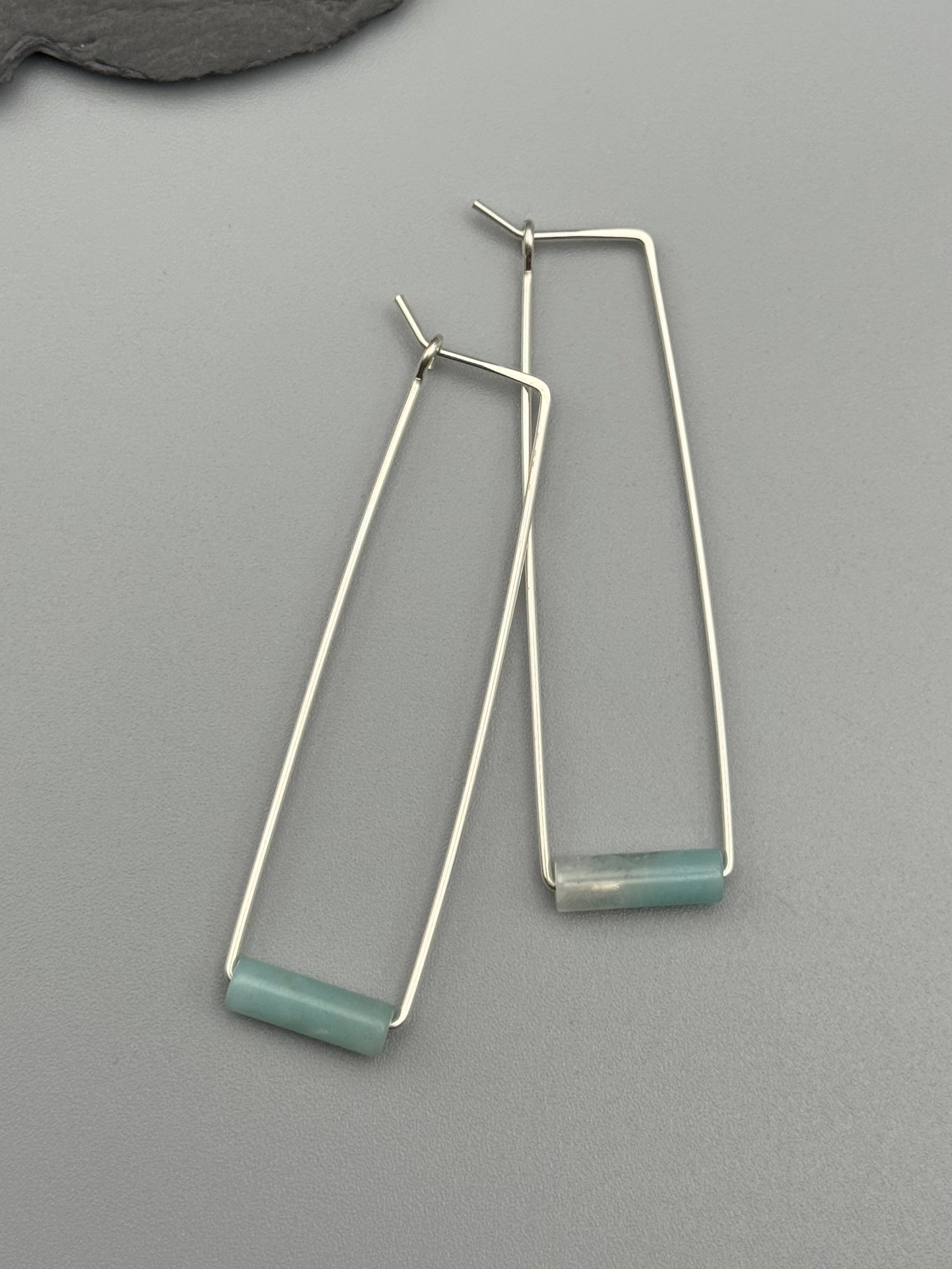 •RECTANGLE TUBE HOOP• aquamarine + silver earrings