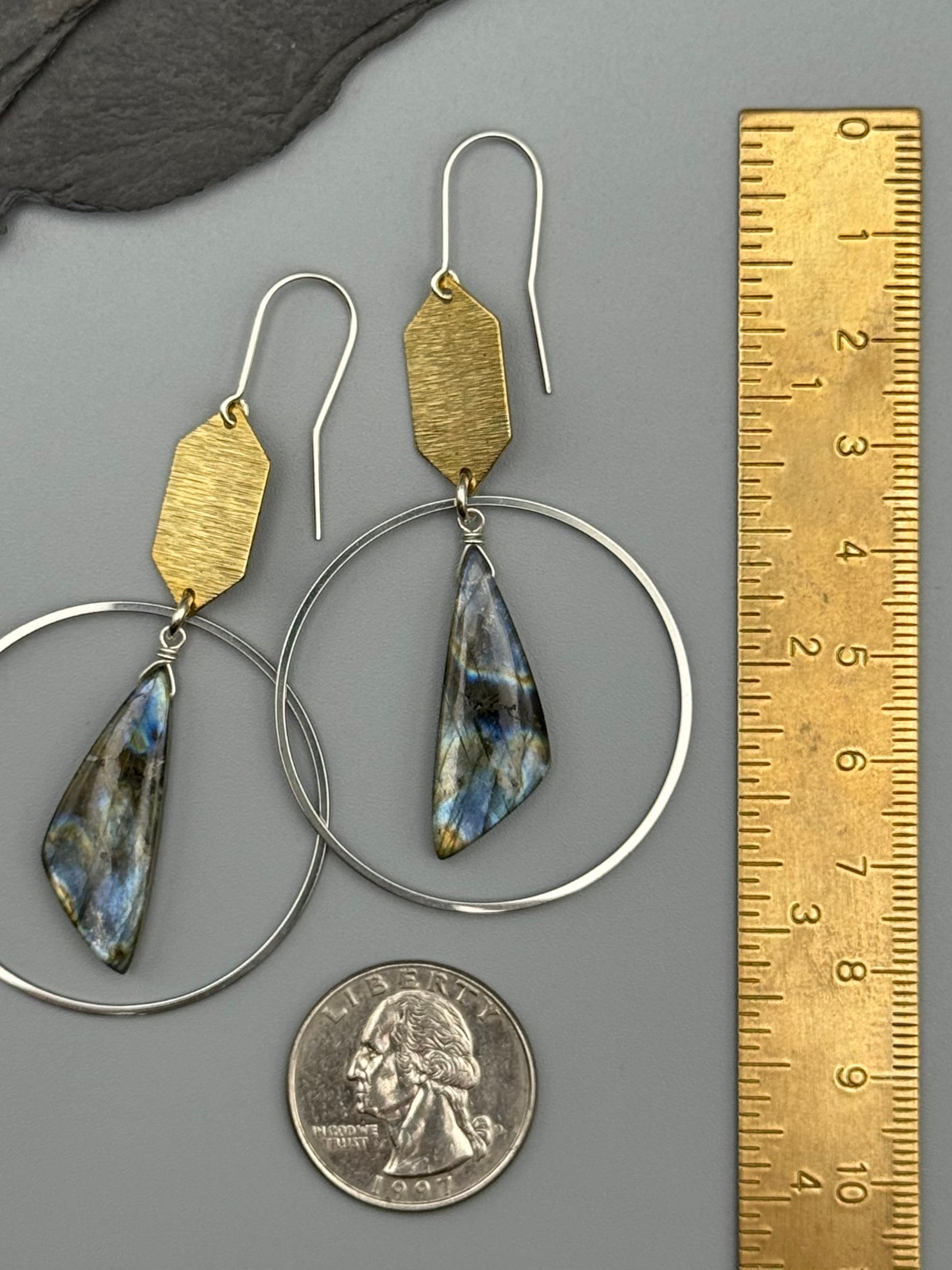 •HEX HOOP• labradorite + mixed metal earrings
