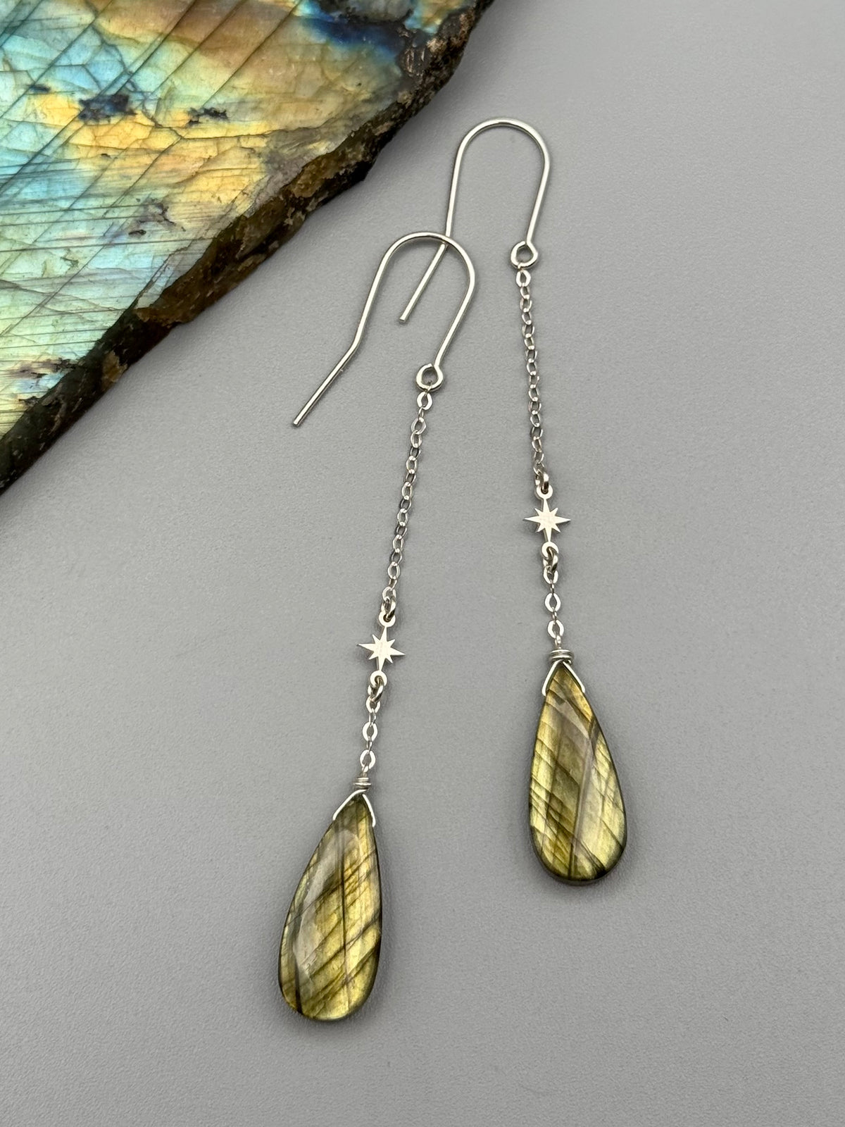 •STARFALL• golden labradorite tear + silver earrings