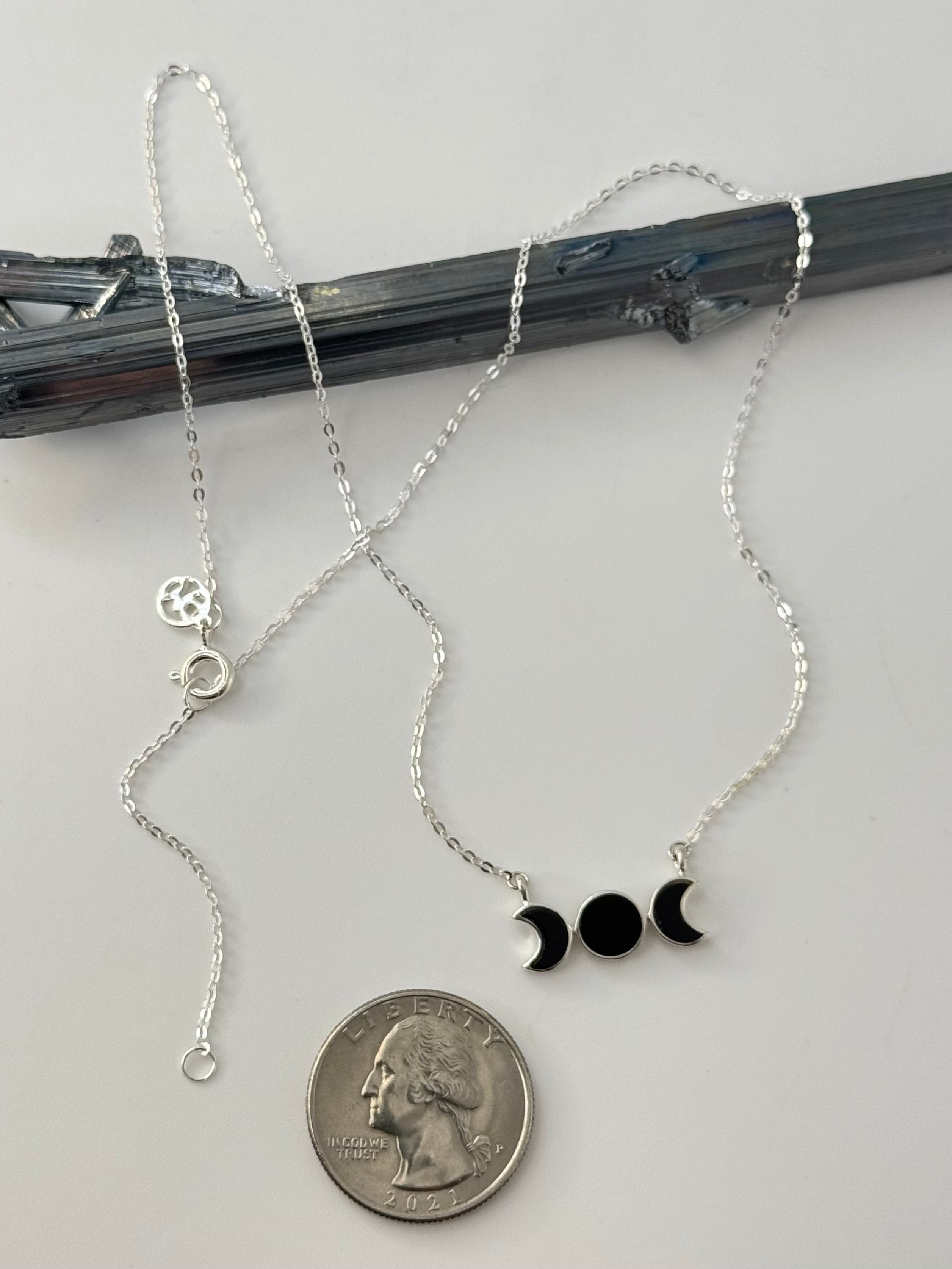 •SMALL MOON PHASE• black tourmaline + silver necklace (16"-18" long)