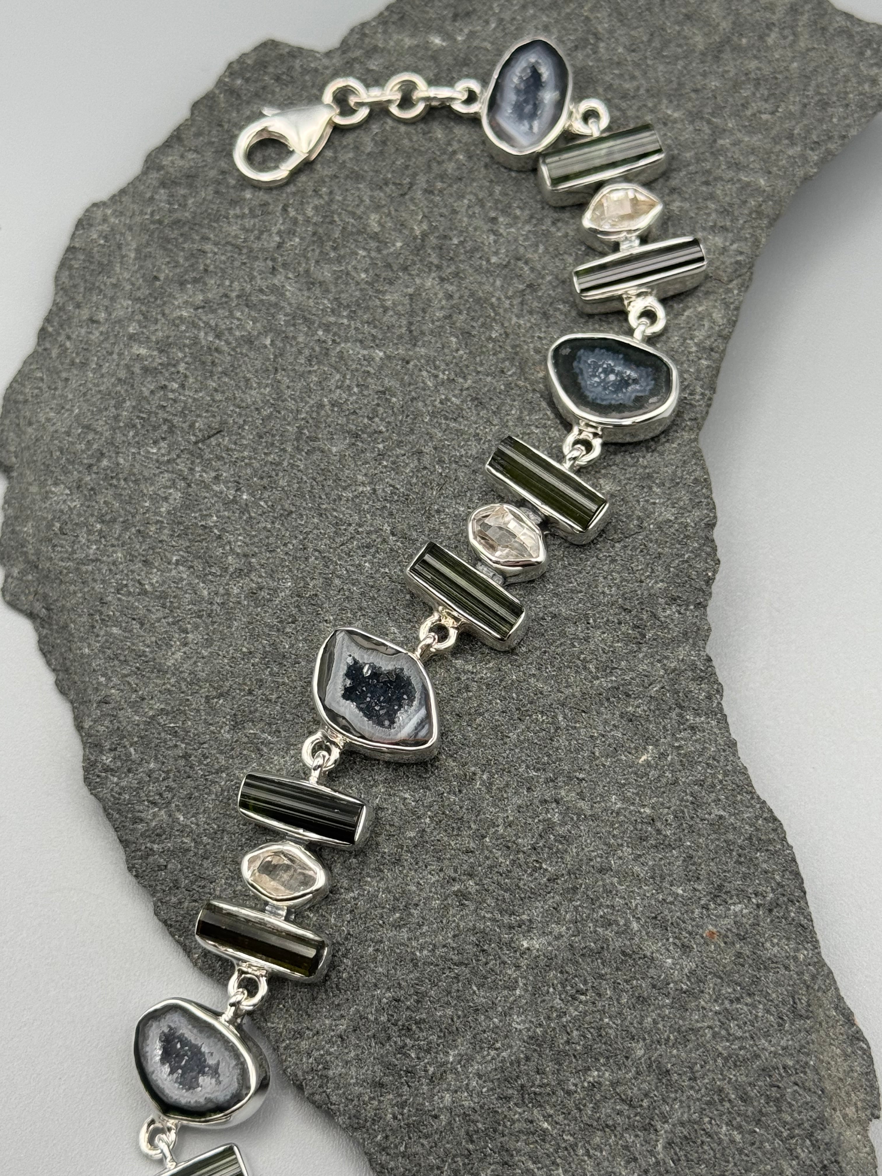 •COCONUT DRUZY + TOURMALINE - MULTI-STONE• linked silver bracelet (7.25" - 9")