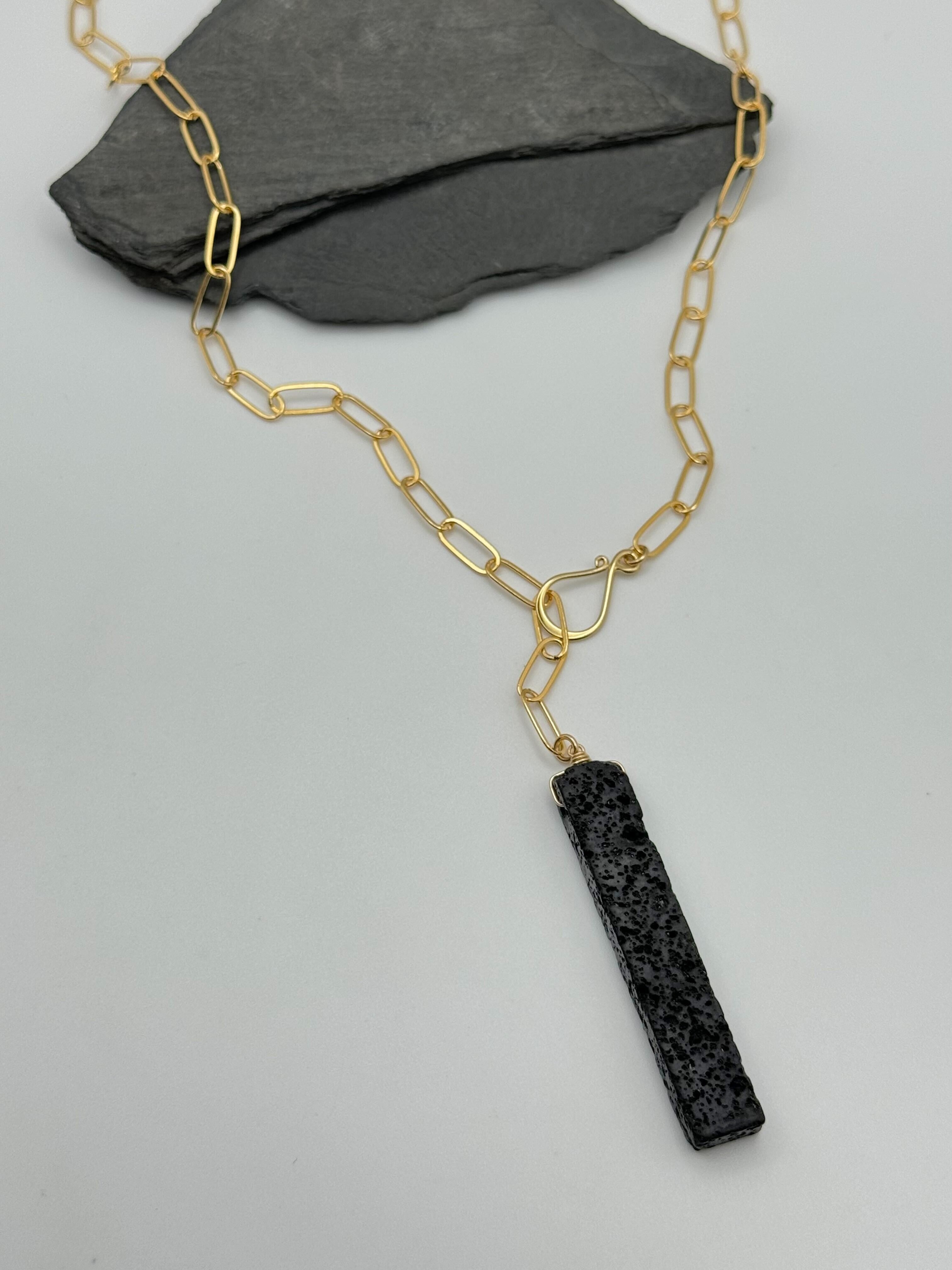 •LINKED• black lava + gold necklace (ADJ to 20")