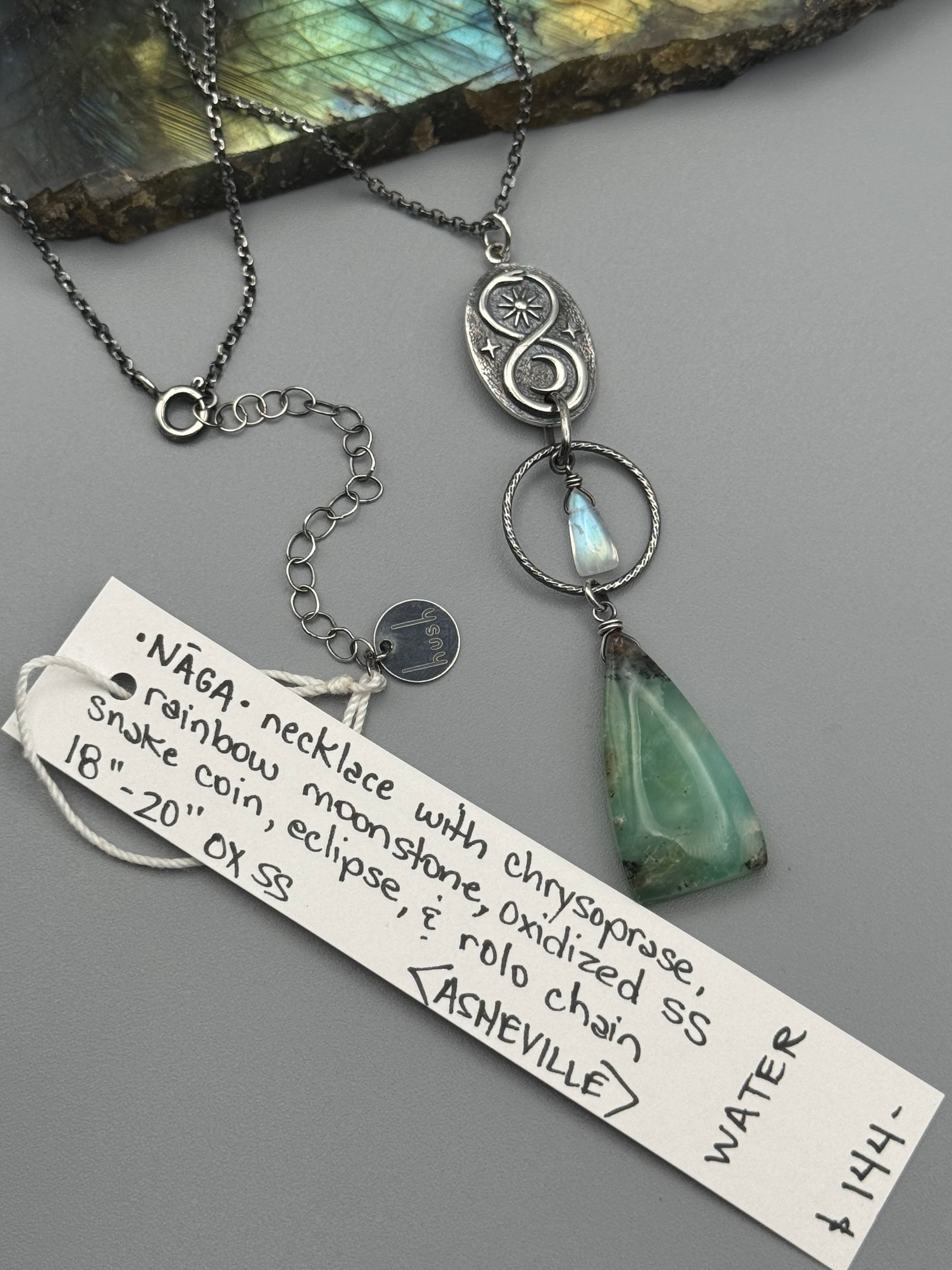 •NĀGA• rainbow moonstone + chrysoprase silver necklace (18"-20" long)