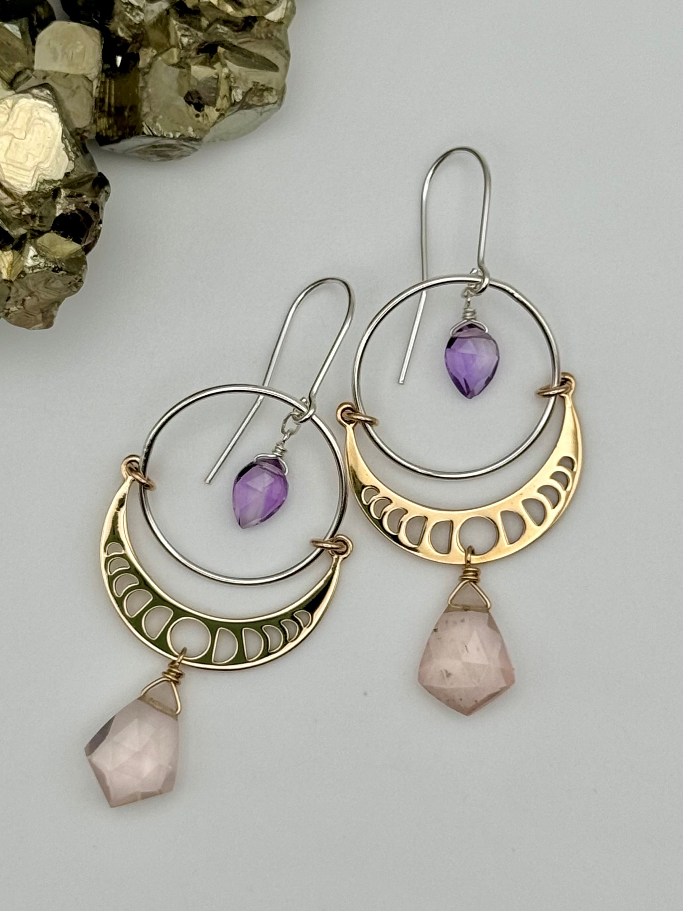 •MOON SHADOWS• rose quartz + amethyst mixed metal dangle earrings