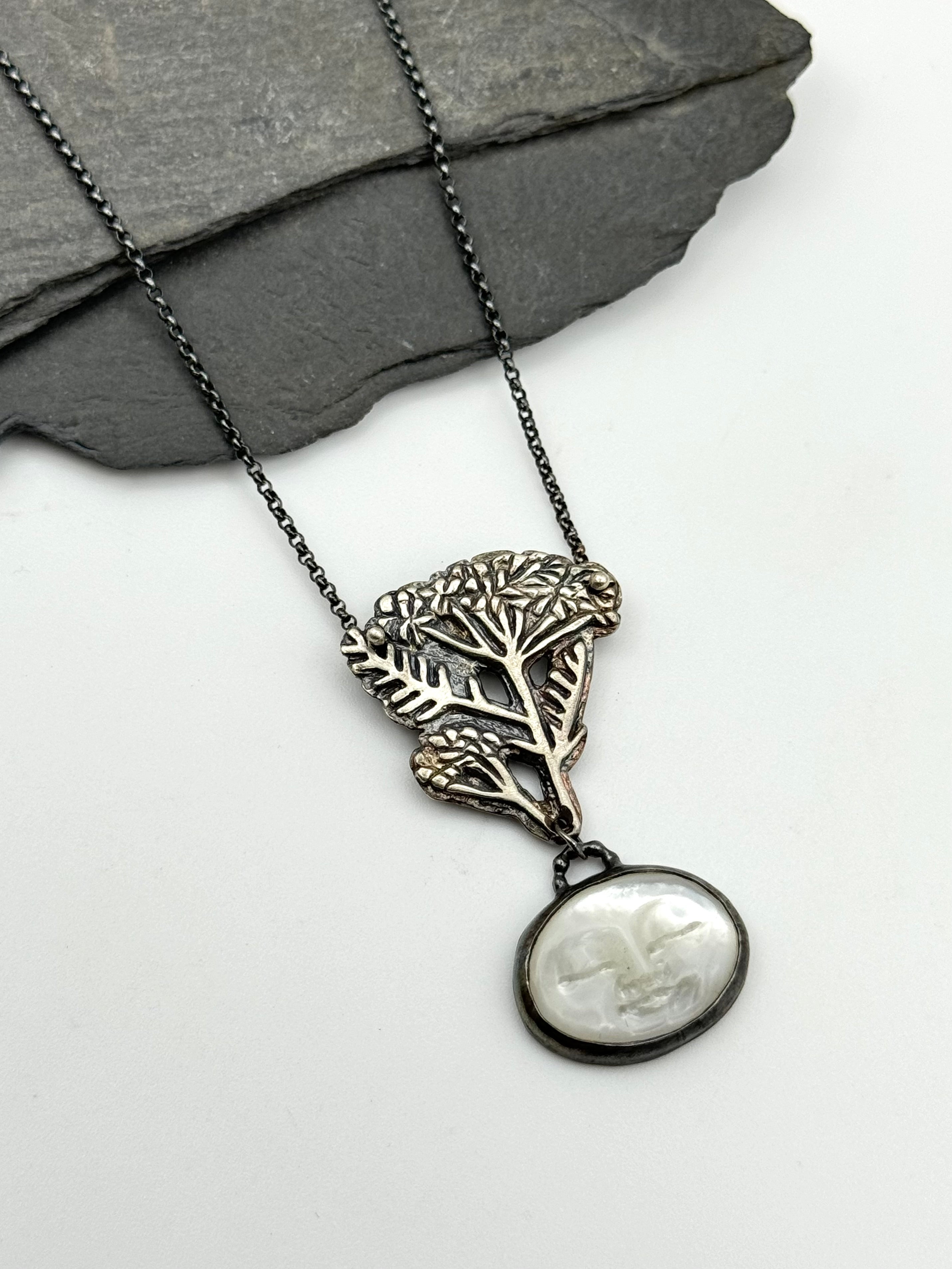 •LADY YARROW• carved mother of pearl + yarrow + silver necklace