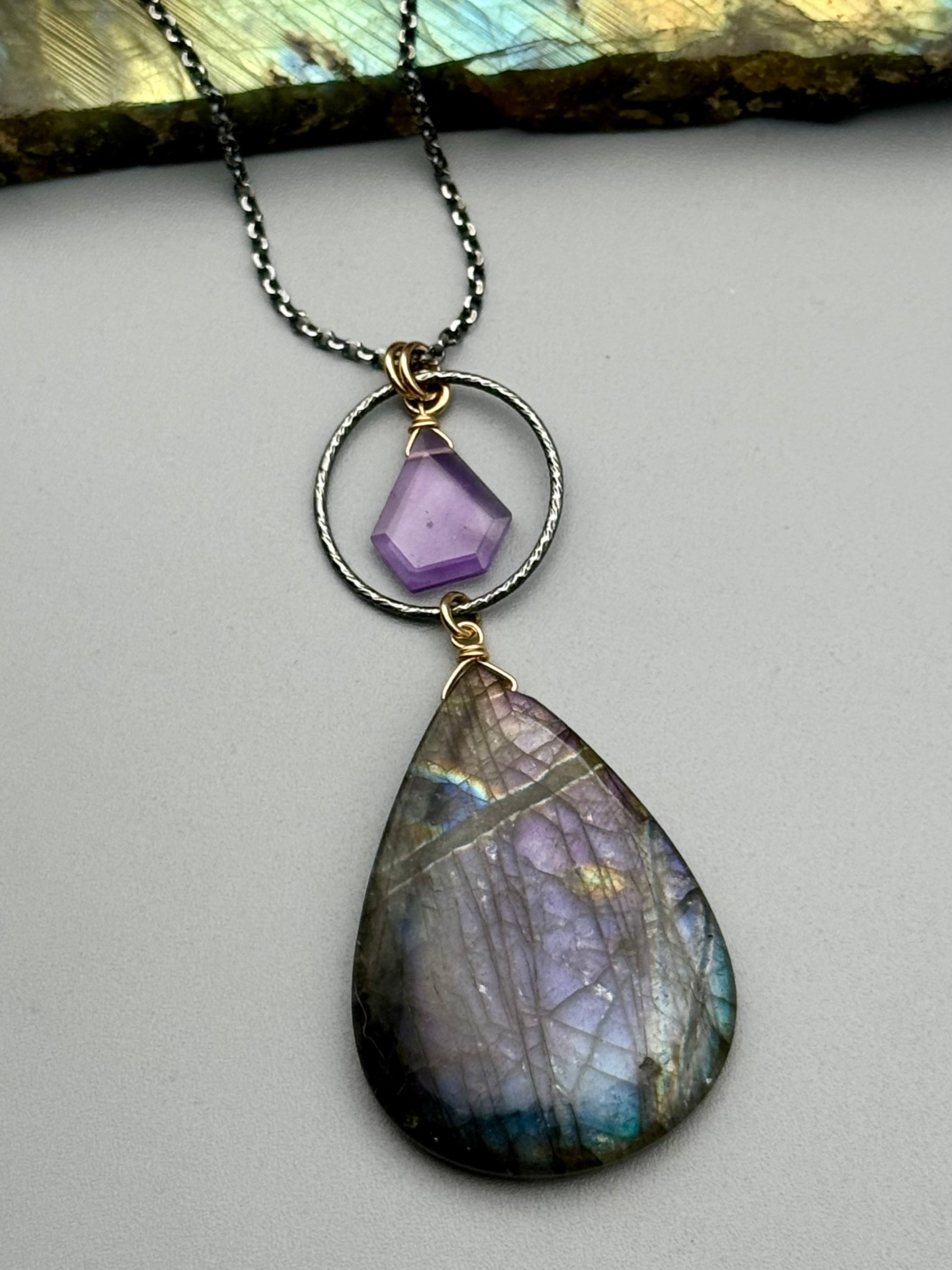 •LUNA• amethyst + labradorite mixed metal necklace (18"-20" long)