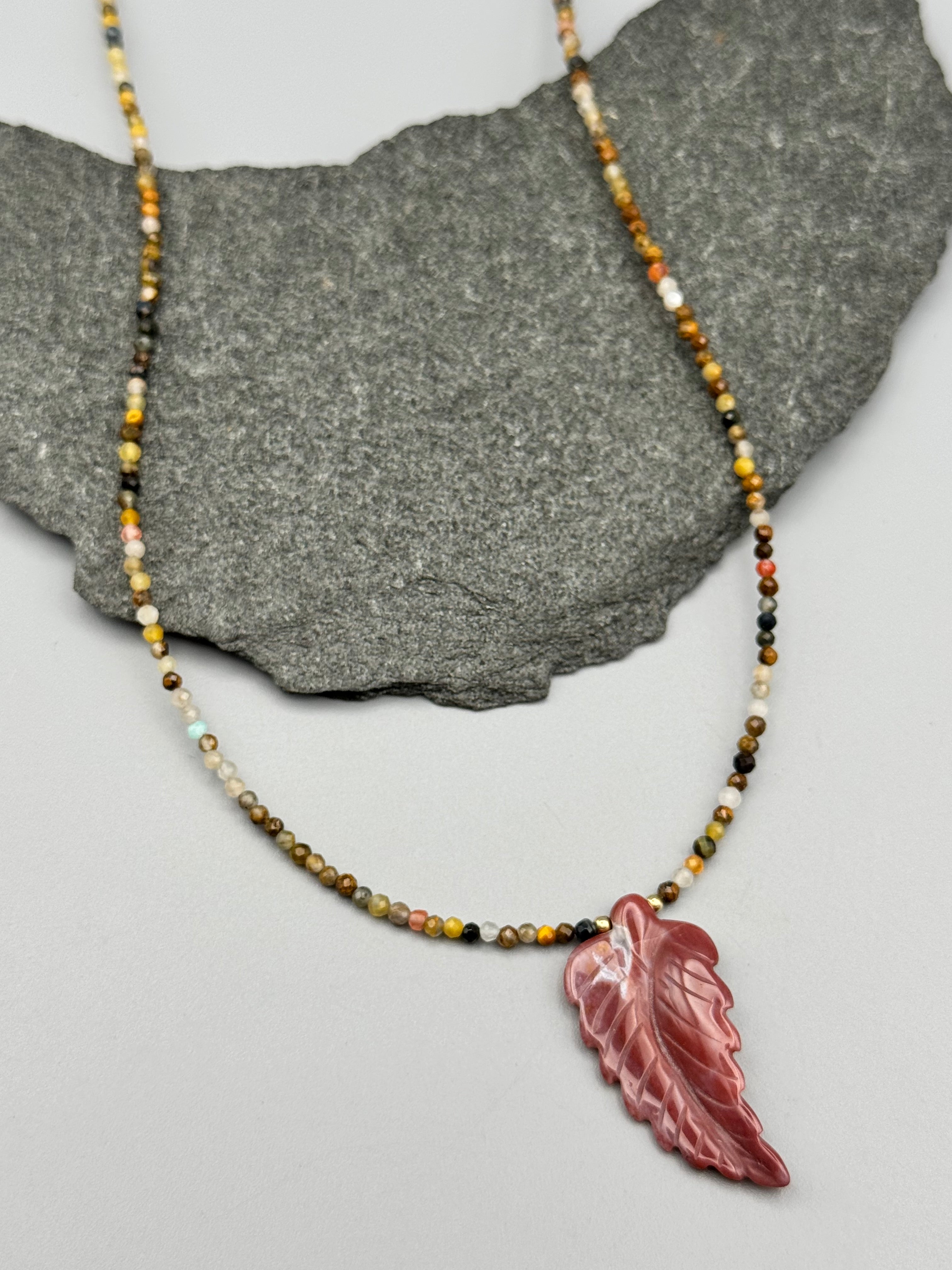 •PIETERSITE + INDIAN AGATE LEAF• gold beaded necklace (17" - 19" long)