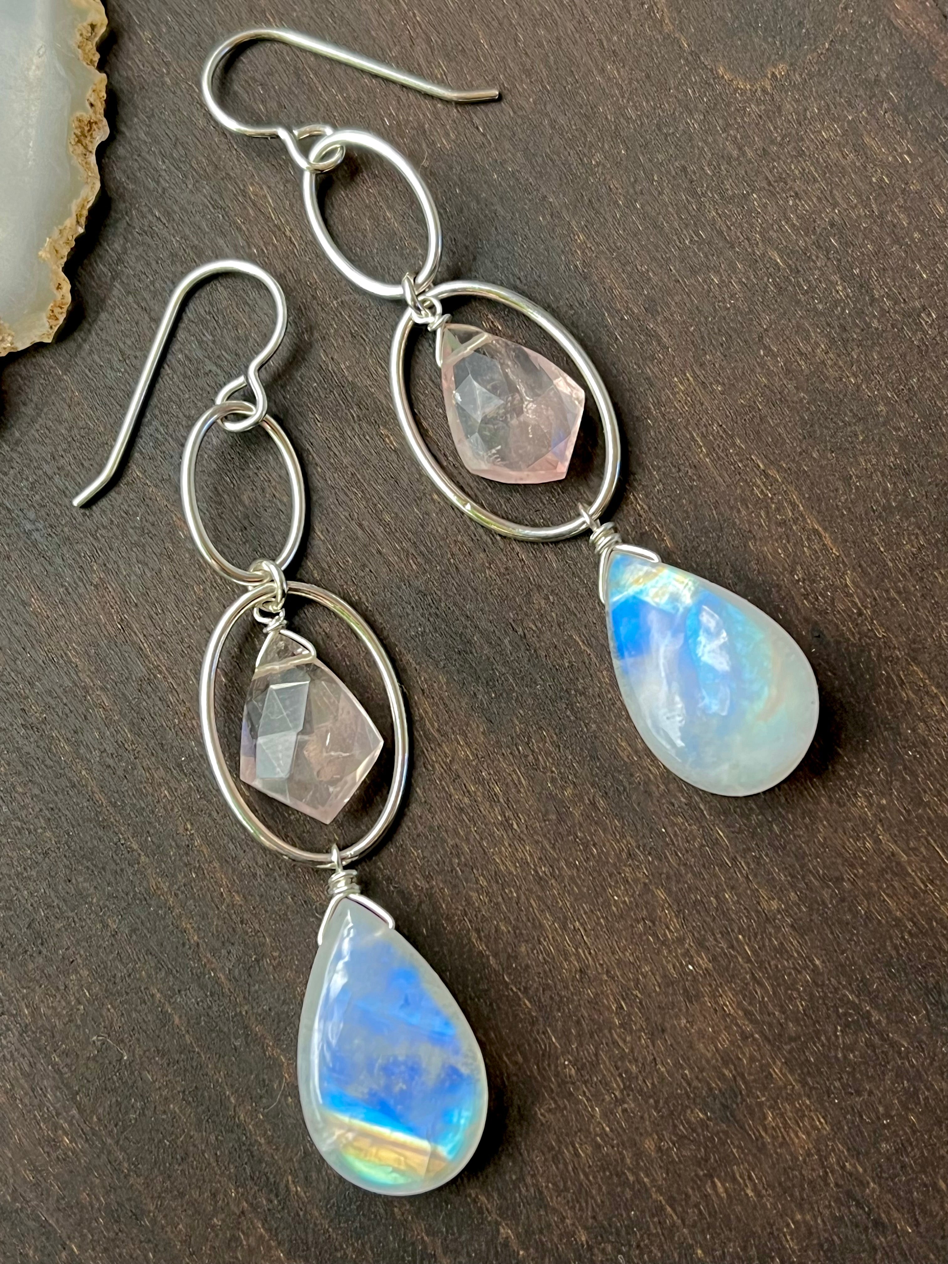 •DOUBLE LUNA• rainbow moonstone + rose quartz silver dangle earrings