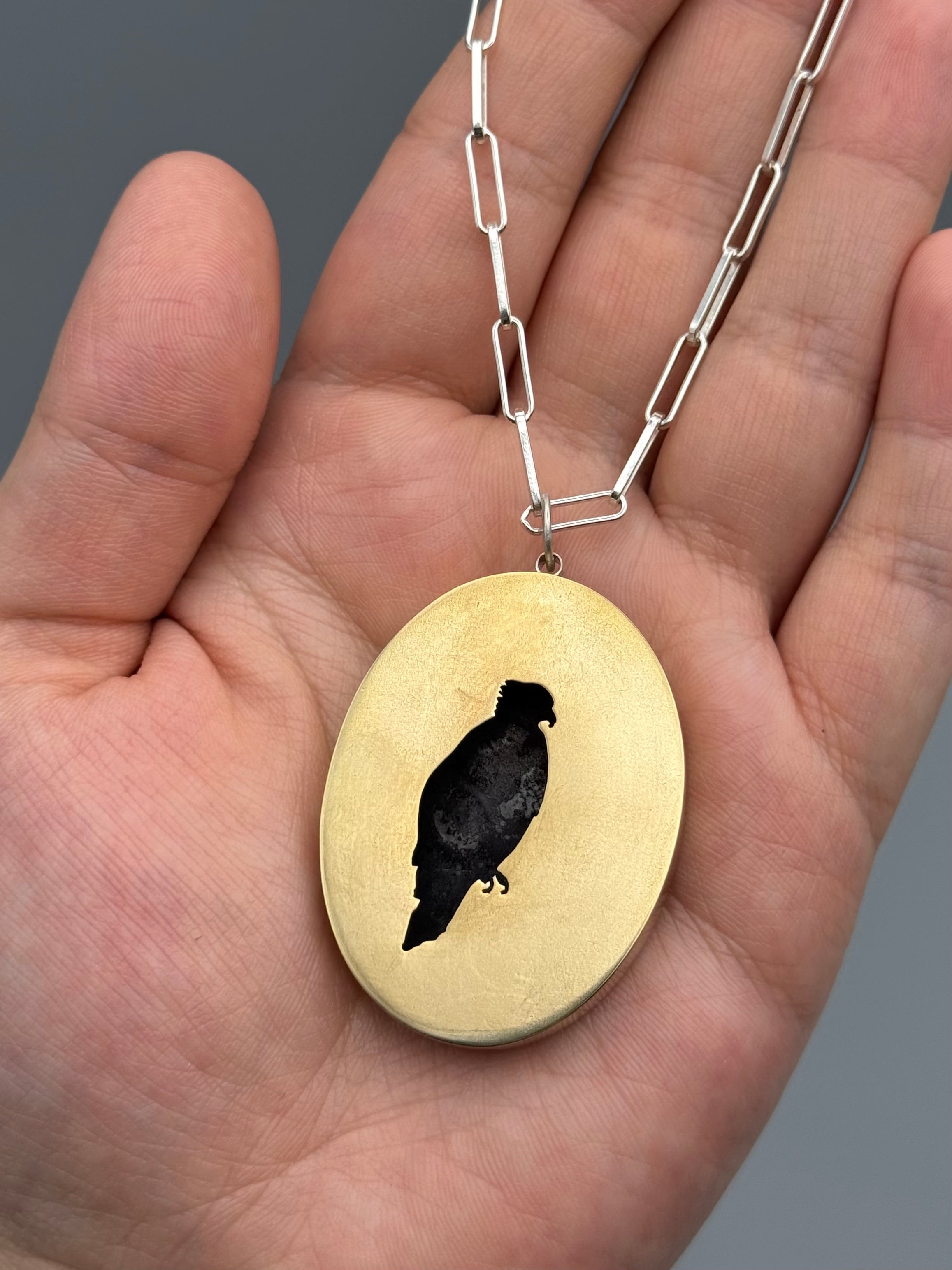 •HAWK• brass shadowbox necklace (18" long)