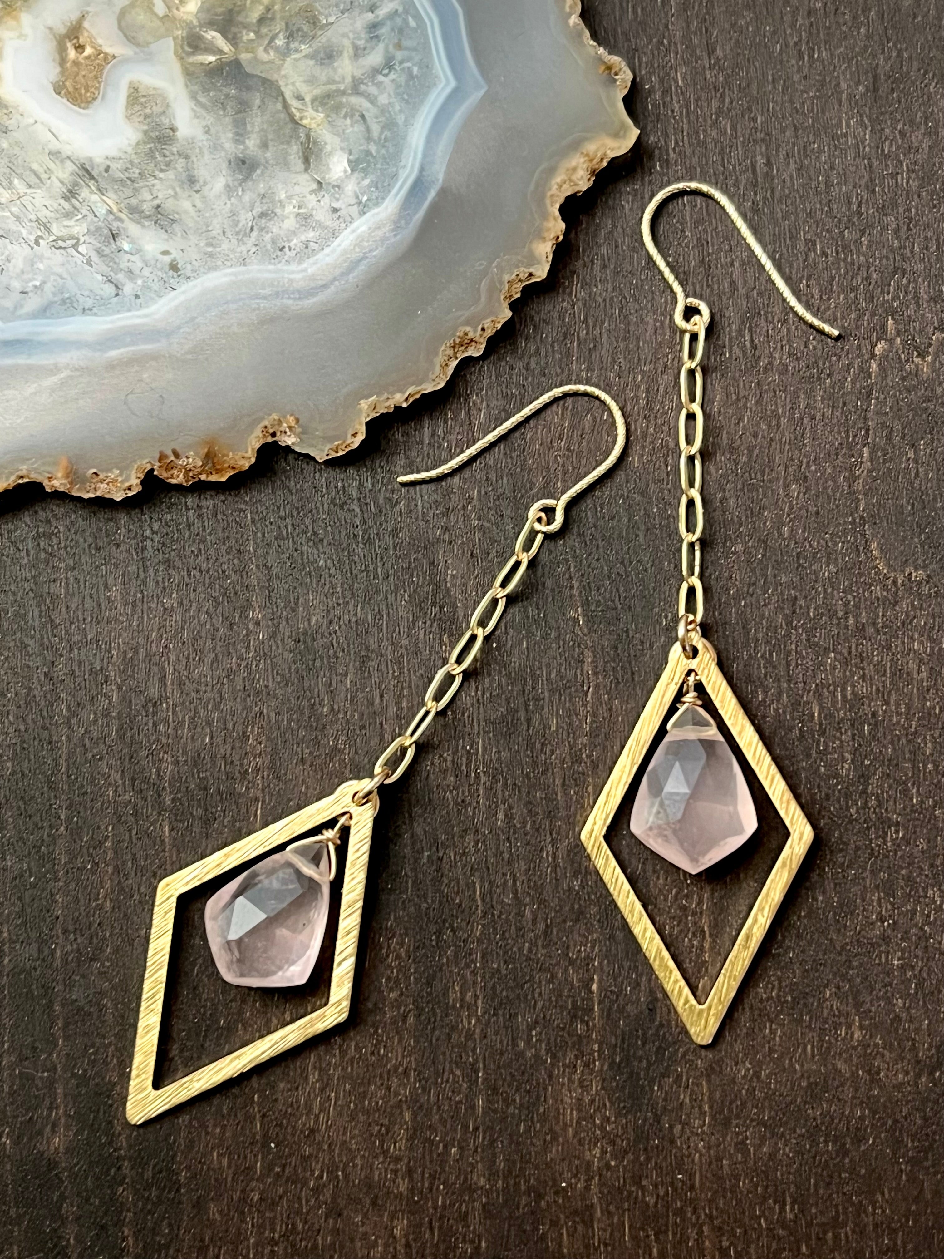 •DIAMOND DANCER• rose quartz + gold dangle earrings