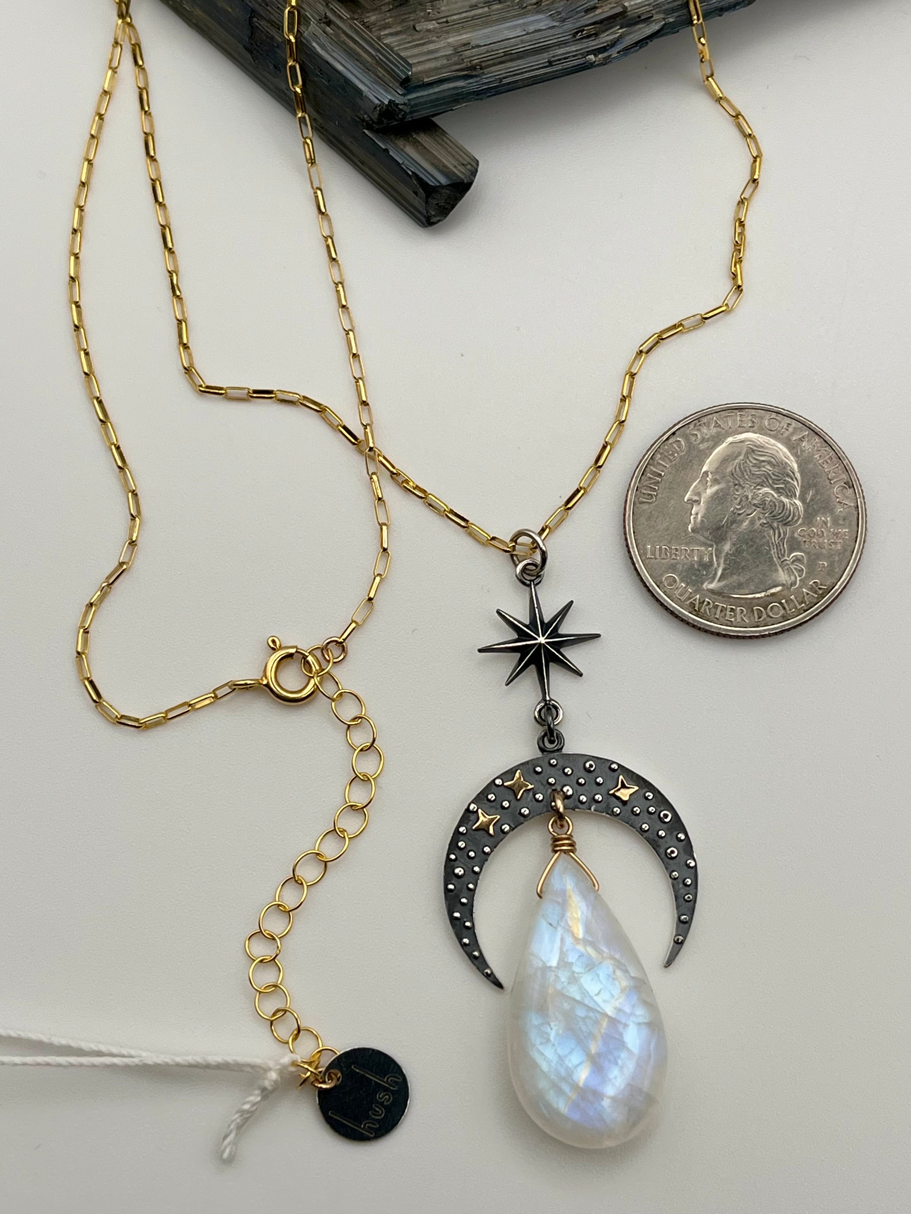 •NYX• rainbow moonstone + celestial crescent mixed metal necklace (26"-28" long)