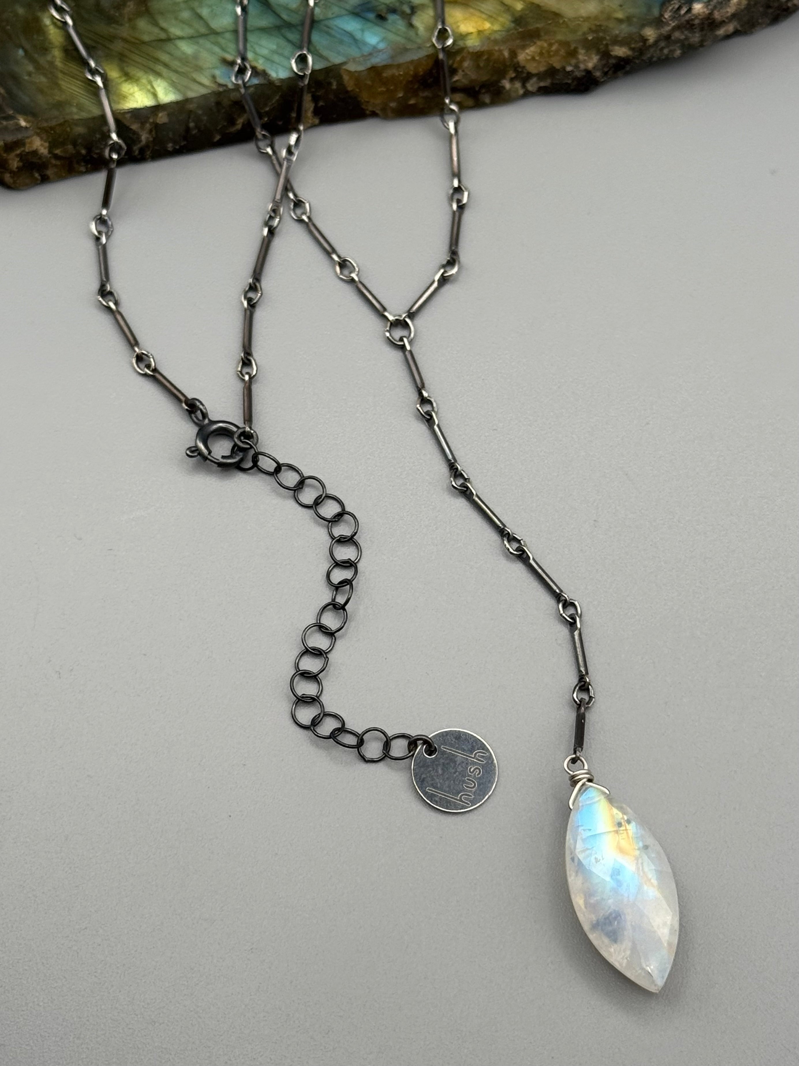 •STICKS & STONE• rainbow moonstone marquise + silver necklace (18"-20" + 3" drop)