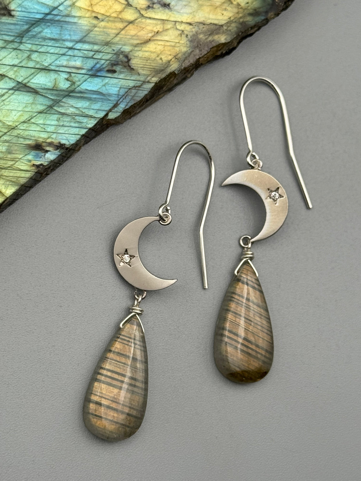 •CRYSTAL CRESCENT• golden labradorite tear + silver earrings