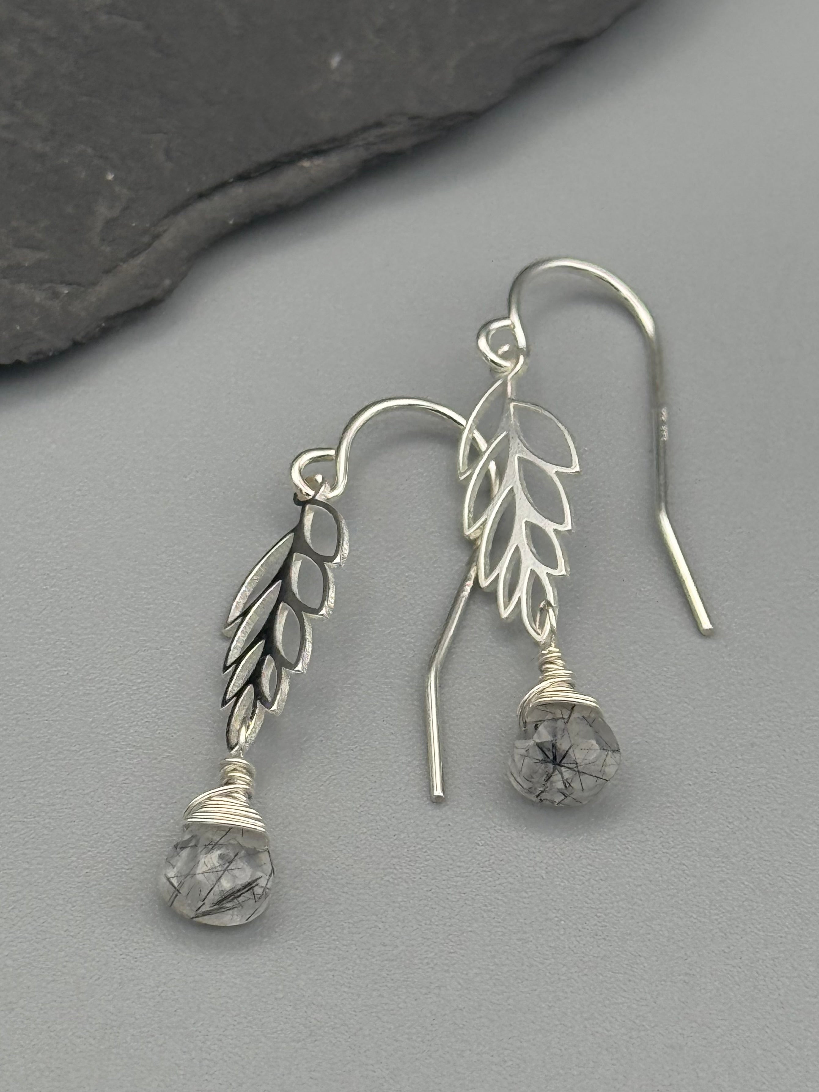 •LEAFY• tourmalinated quartz + silver earrings