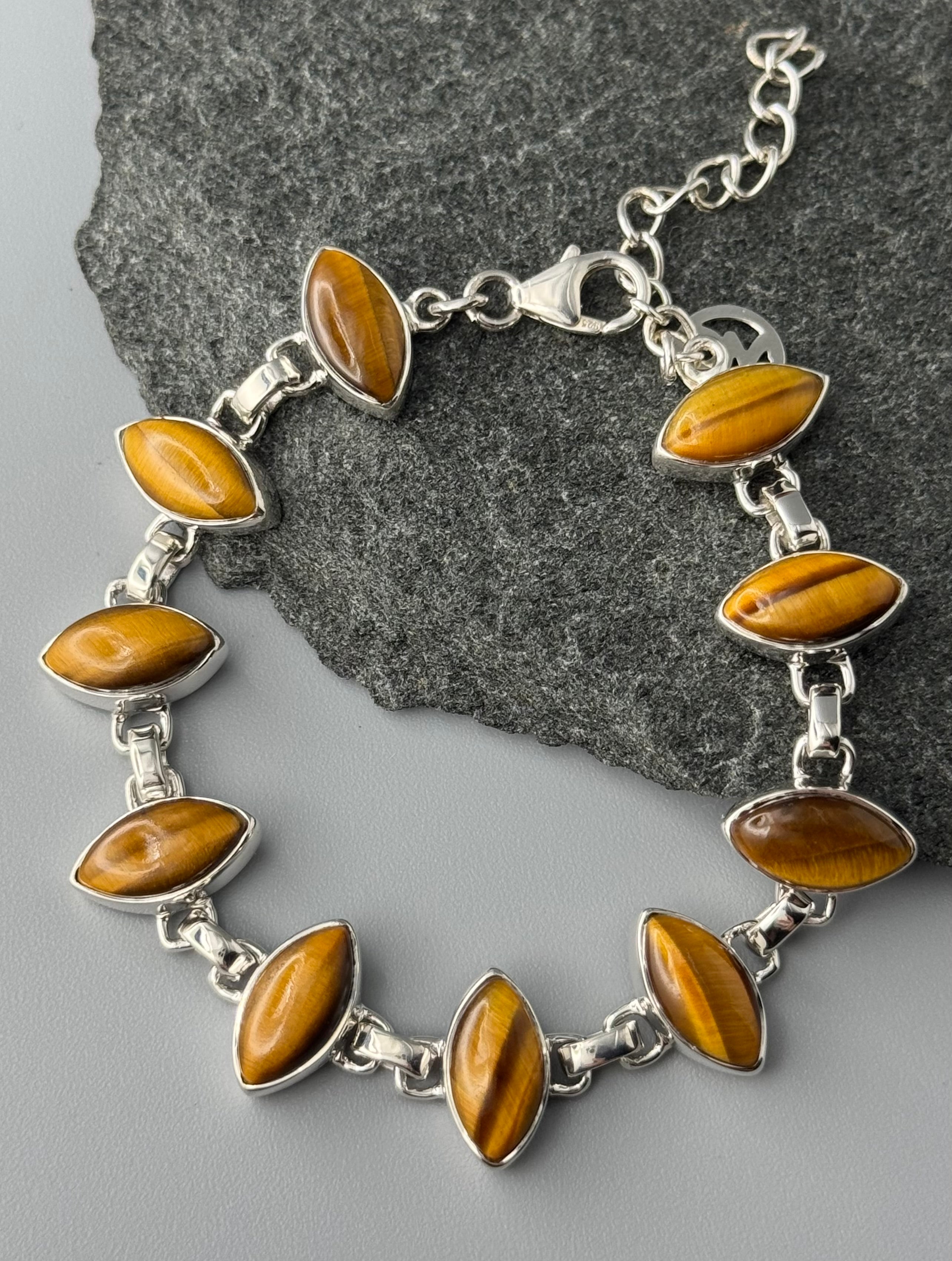 •TIGER EYE - MARQUISE• linked silver bracelet (7" - 8")