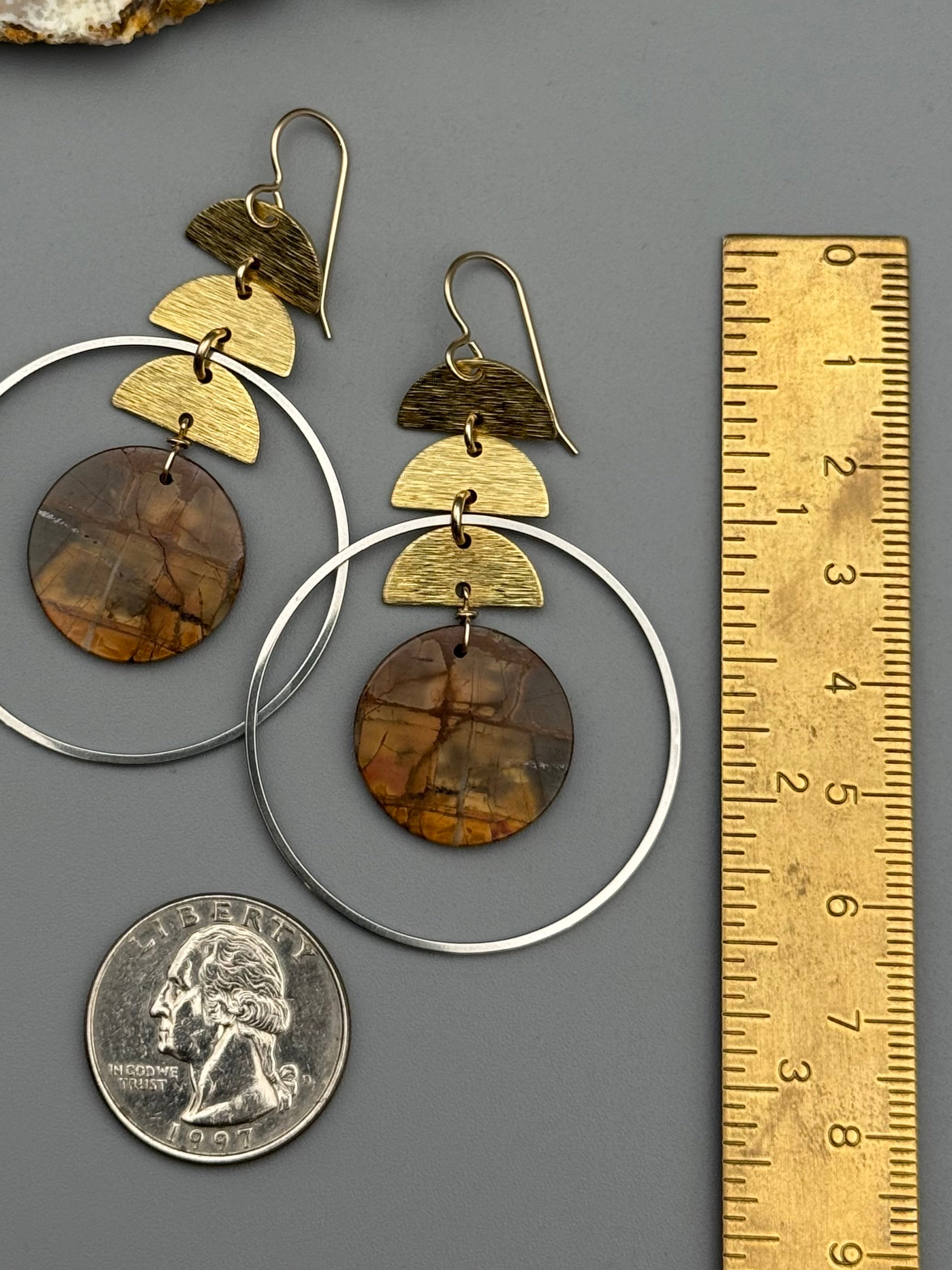 •MOON STACK HOOP• red creek jasper + mixed metal earrings