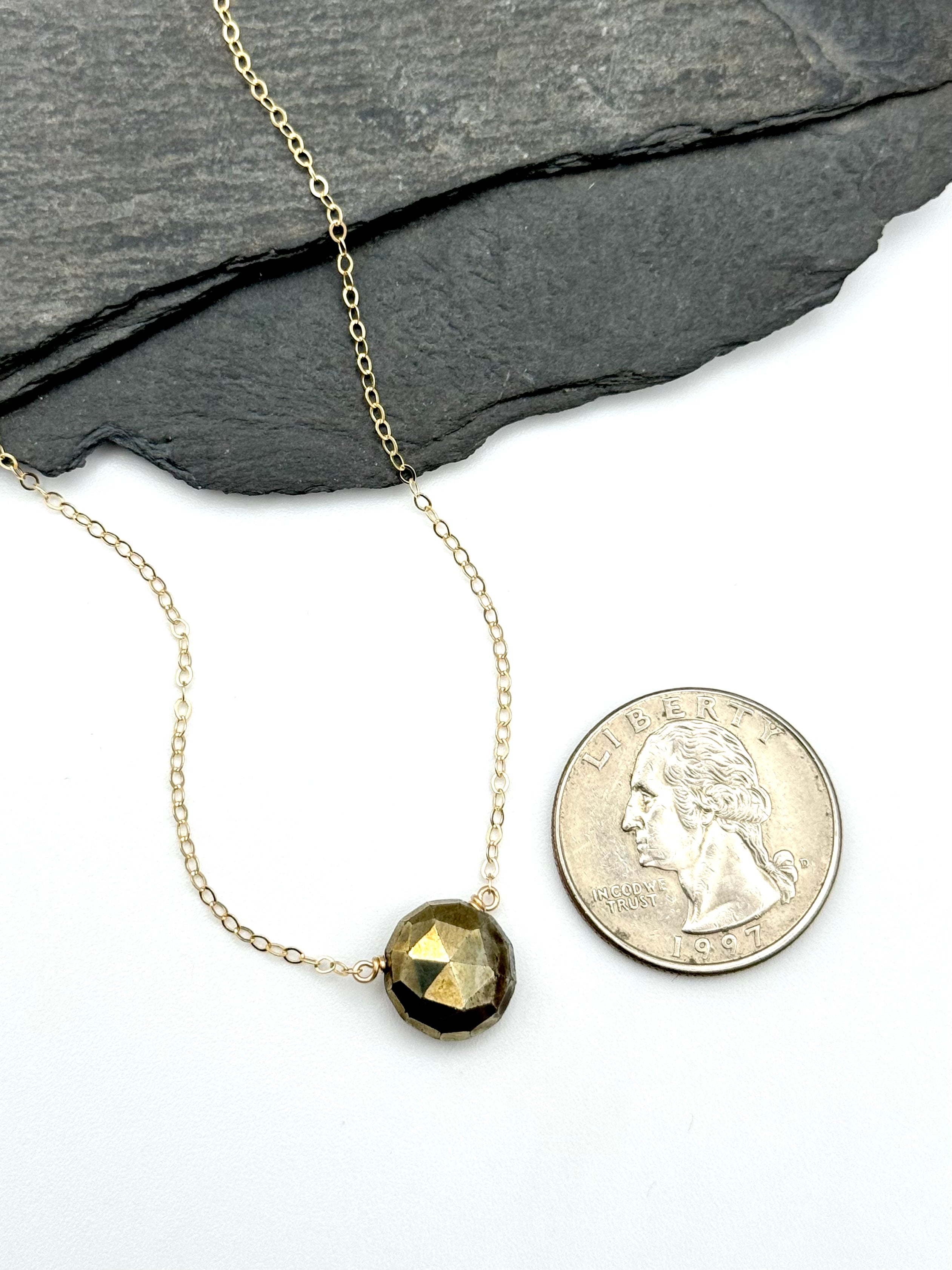 •STRAY• pyrite briolette coin + gold necklace