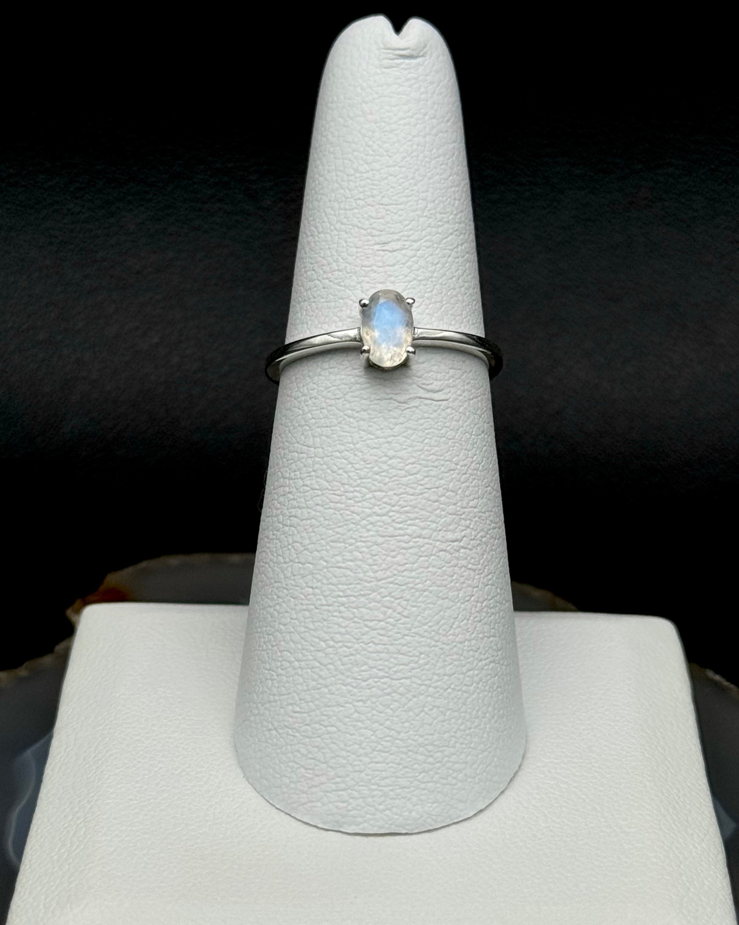 •FACETED RAINBOW MOONSTONE - LIL' OVAL• prong set silver ring (various sizes)