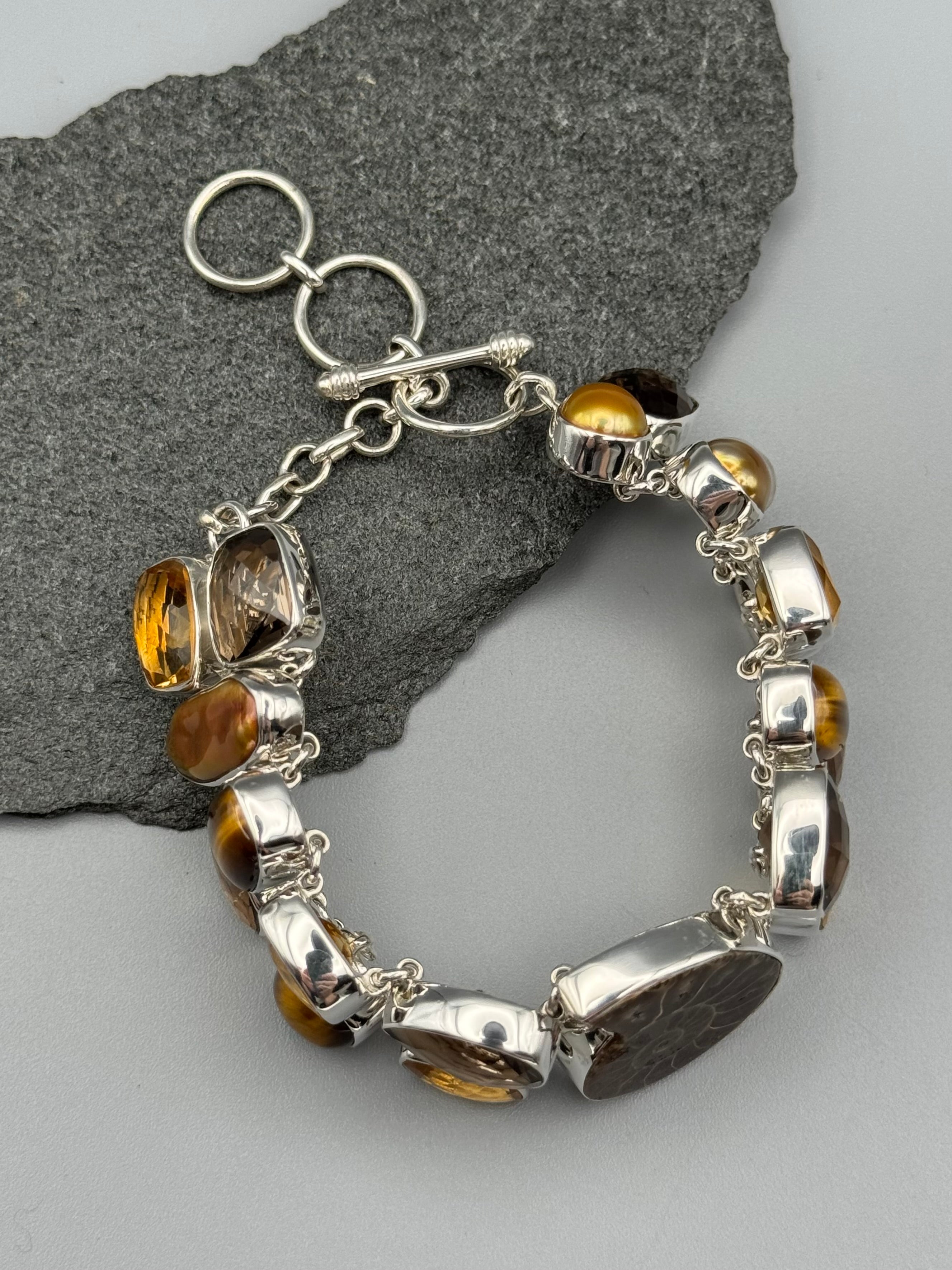 •AMMONITE - MULTI-STONE• linked silver bracelet (7.25" - 8.5")