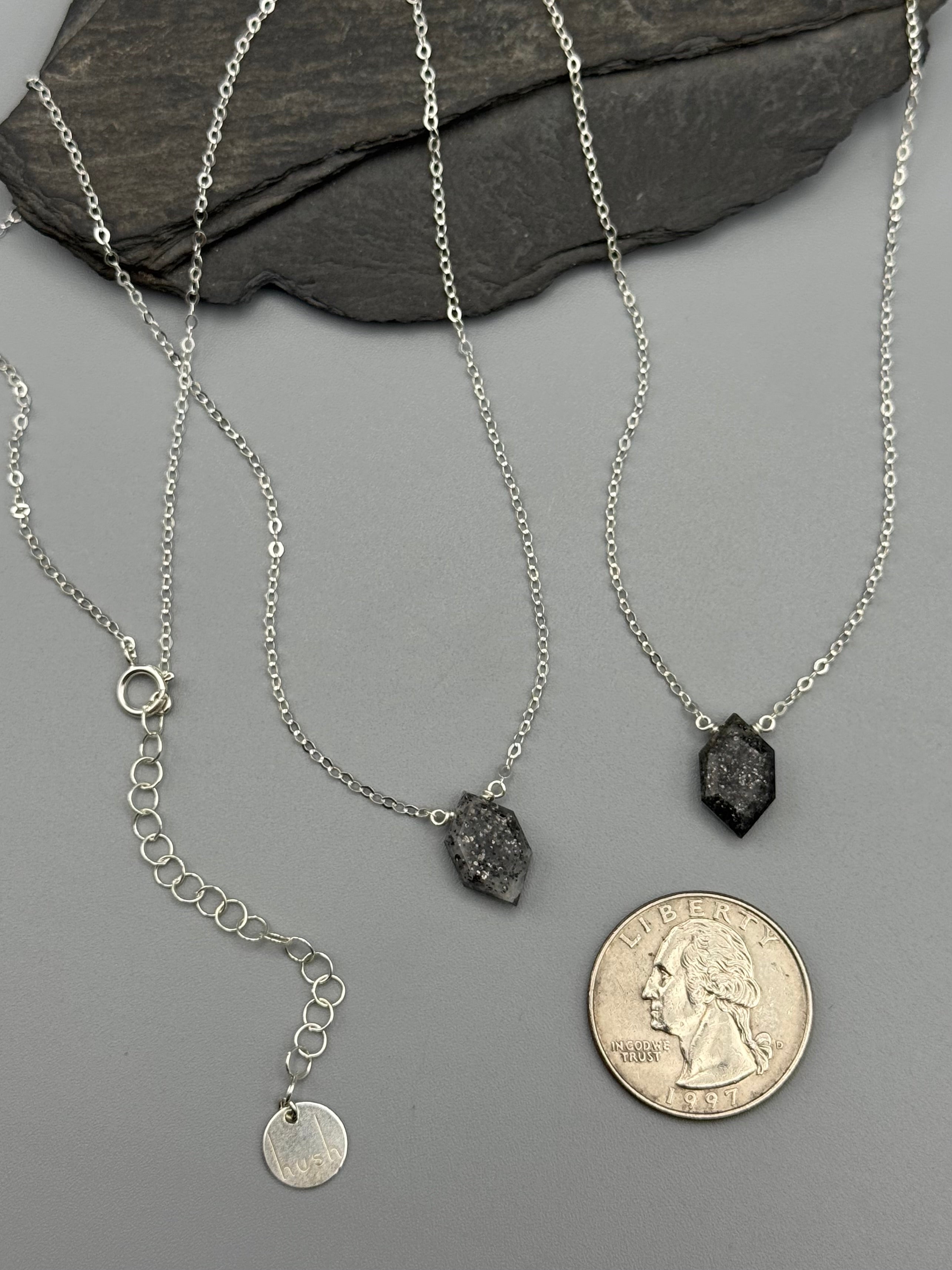 •STRAY• faceted black aventurine lil' hex + silver necklace (various lengths)