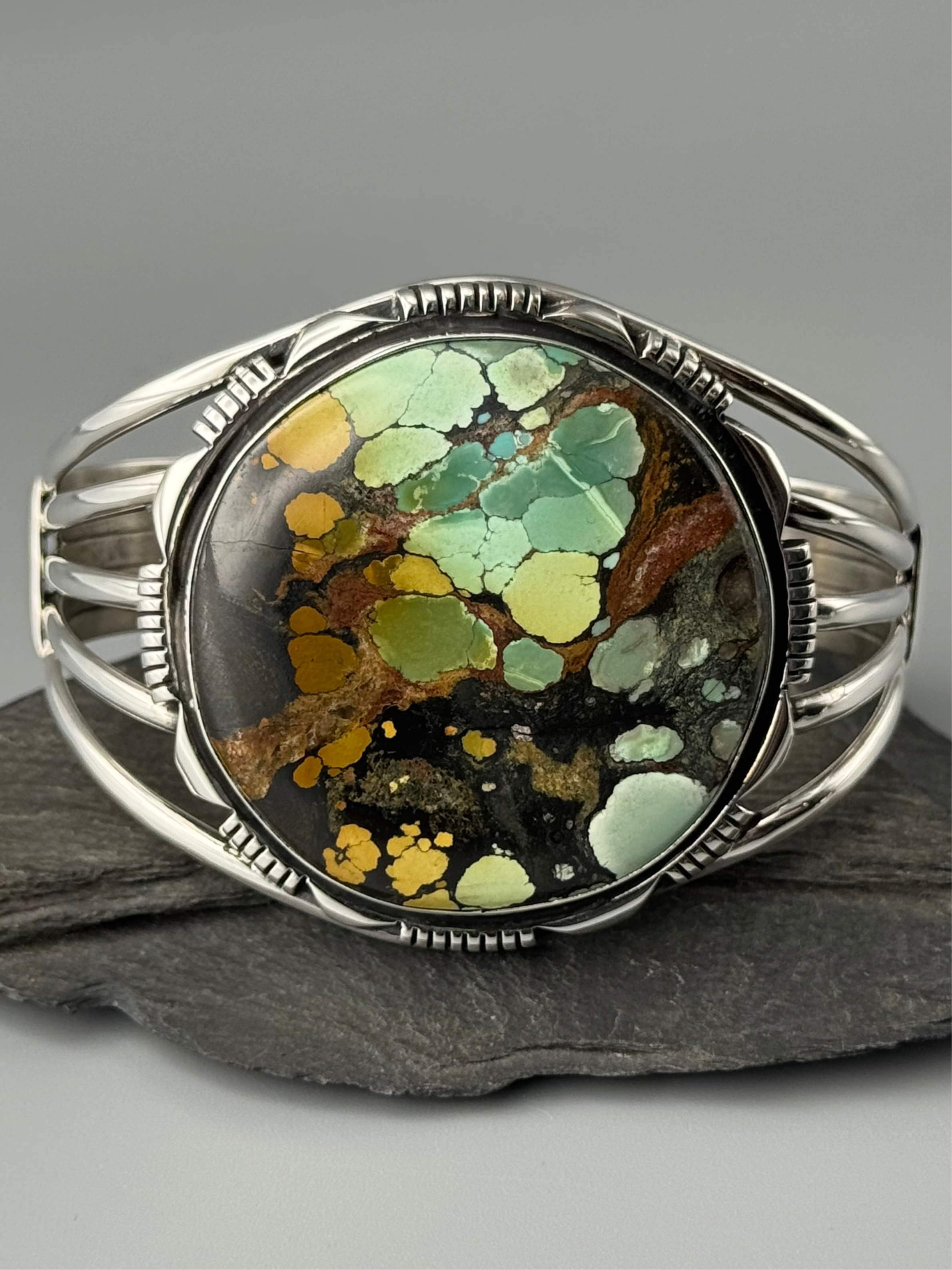 •BLACKJACK TURQUOISE - MOUNTAIN FEATHERS - 2• Navajo sterling silver cuff bracelet (7.5" +/-)
