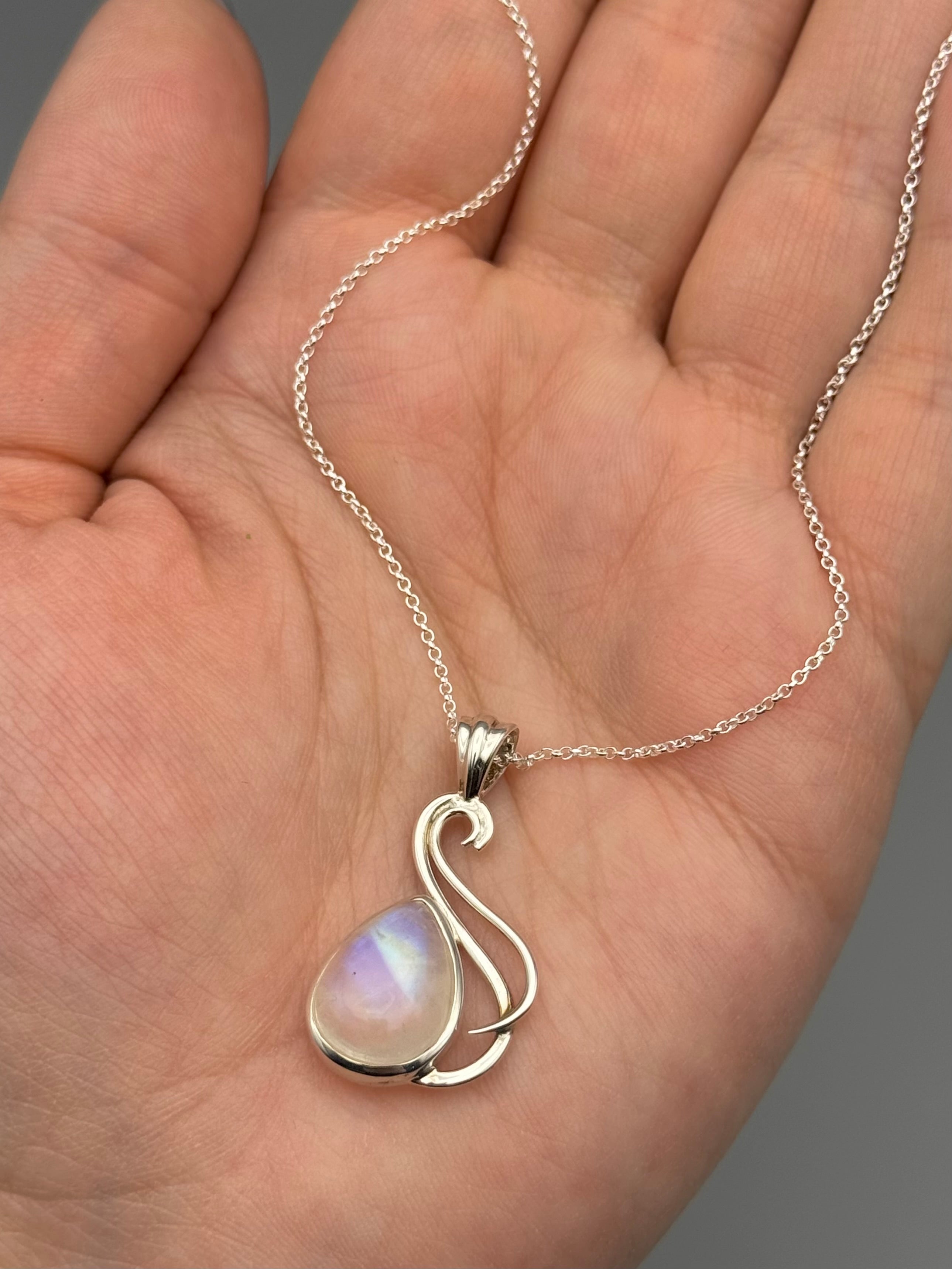 •RAINBOW MOONSTONE TEAR - SMALL FLOURISH• sterling silver necklace (18" long)