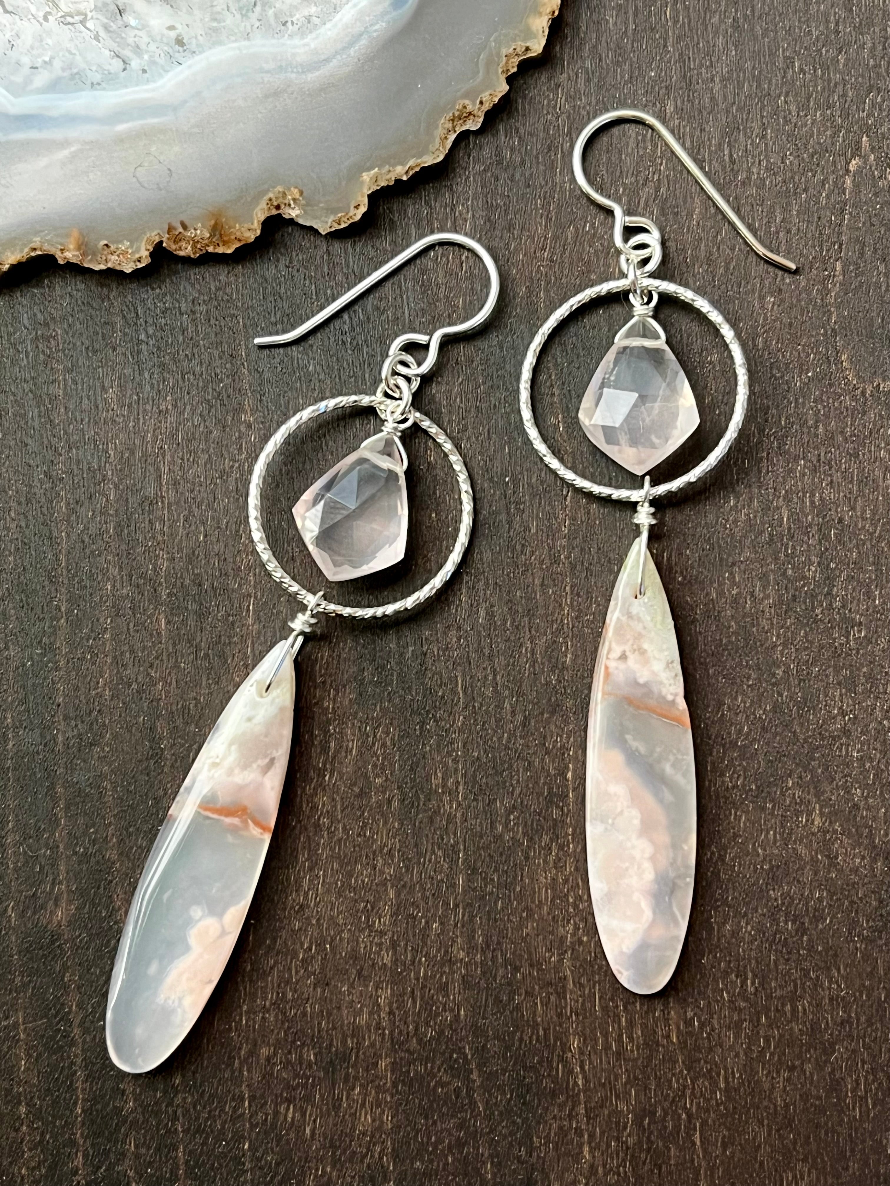 •LUNA• cherry blossom agate + rose quartz silver dangle earrings