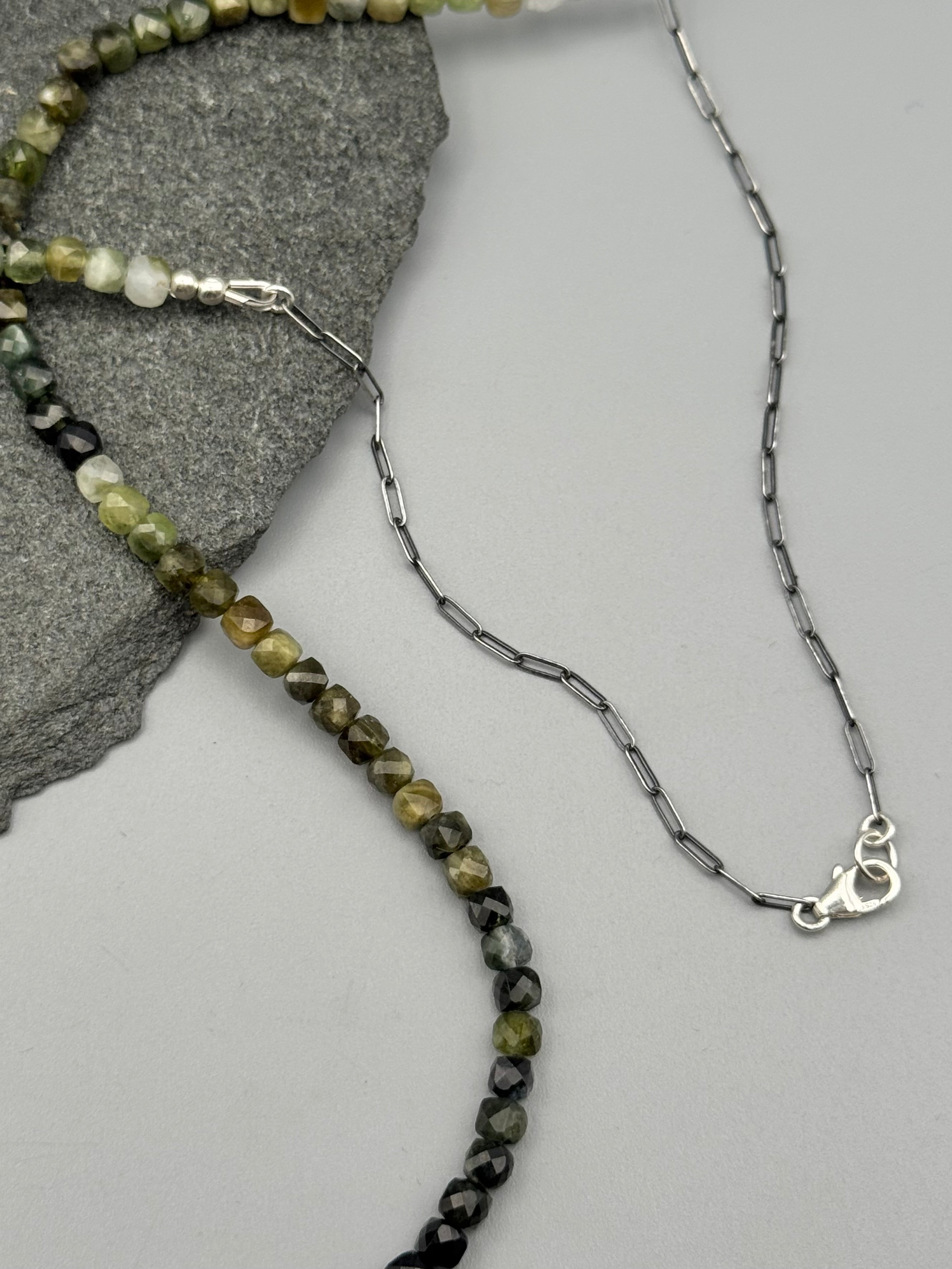•GREEN TOURMALINE - STRAND• silver beaded necklace (24" long)