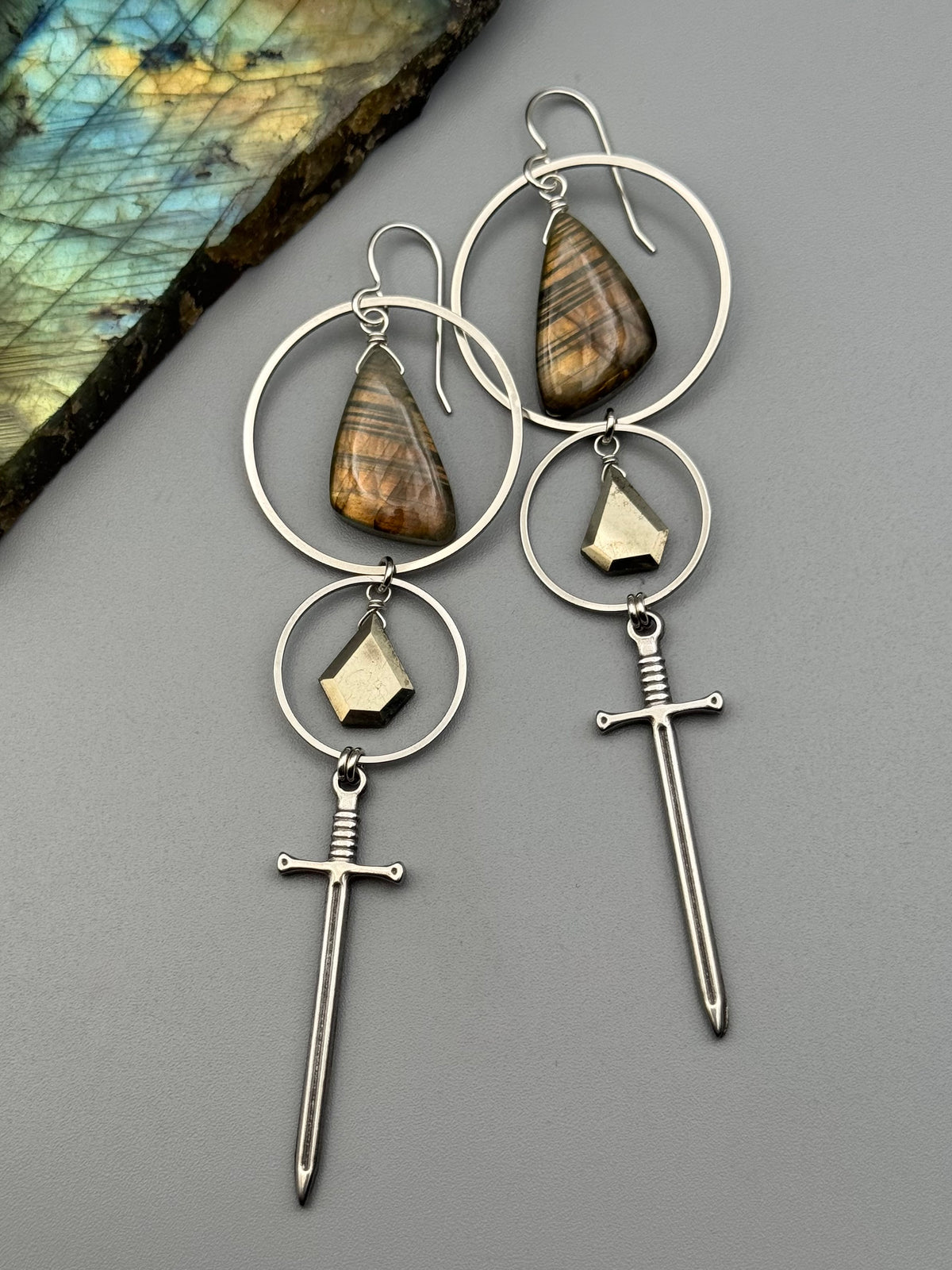 •AELIN• golden labradorite wing + pyrite silver earrings