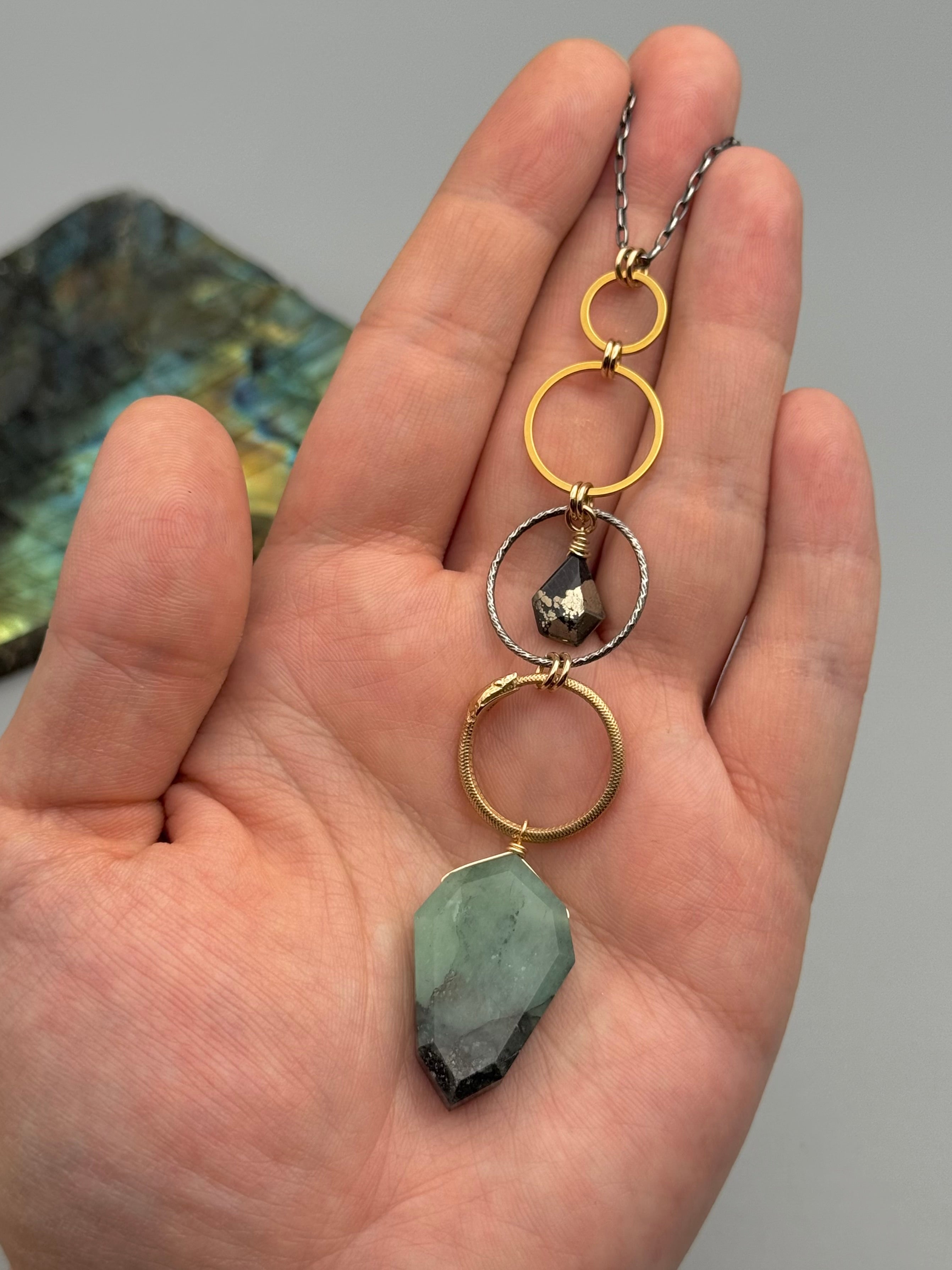 •NĀGA• pyrite + emerald mixed metal necklace (26"-28" long)