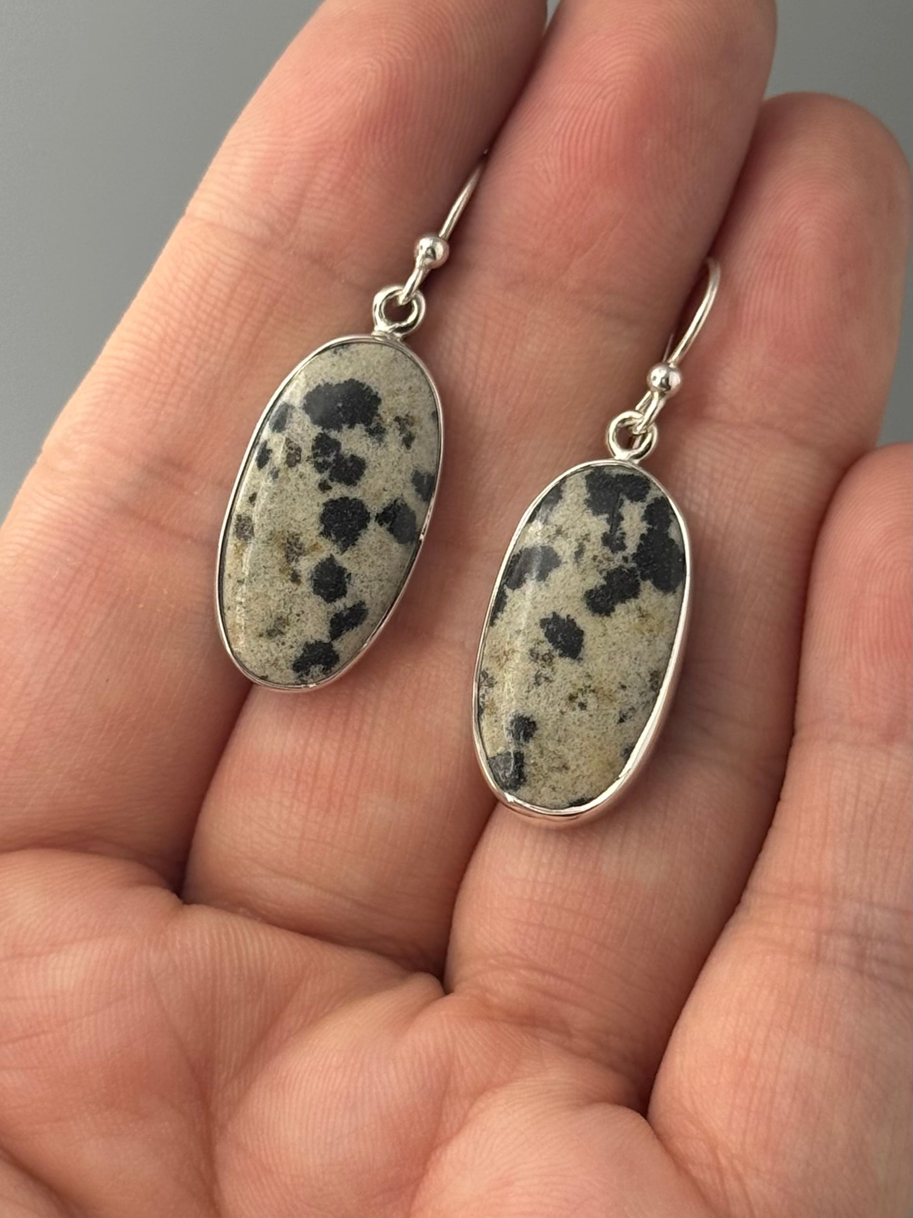 •DALMATIAN JASPER - OVAL• silver dangle earrings