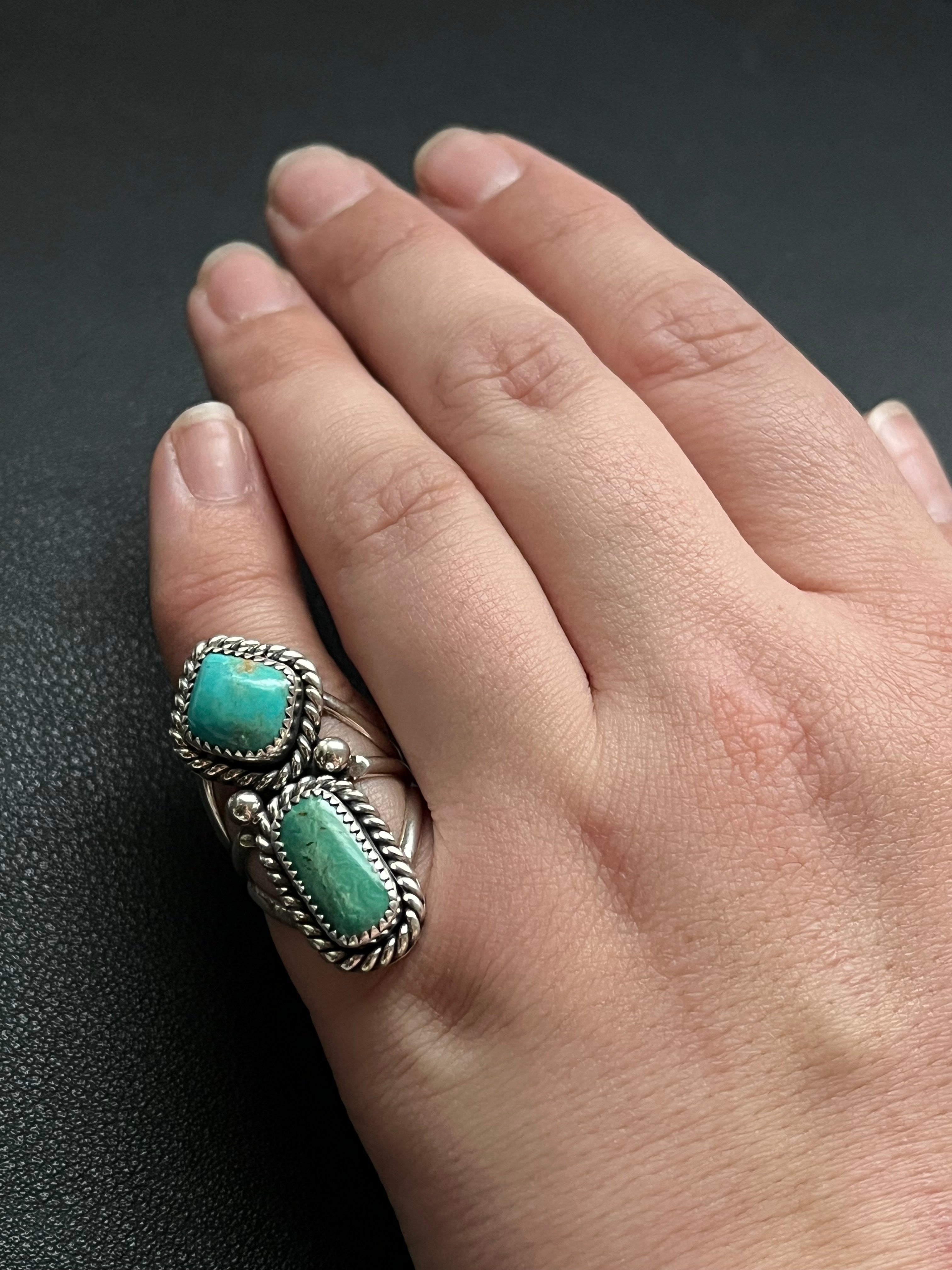 •KINGMAN TURQUOISE• Navajo silver double stone ring - size 6