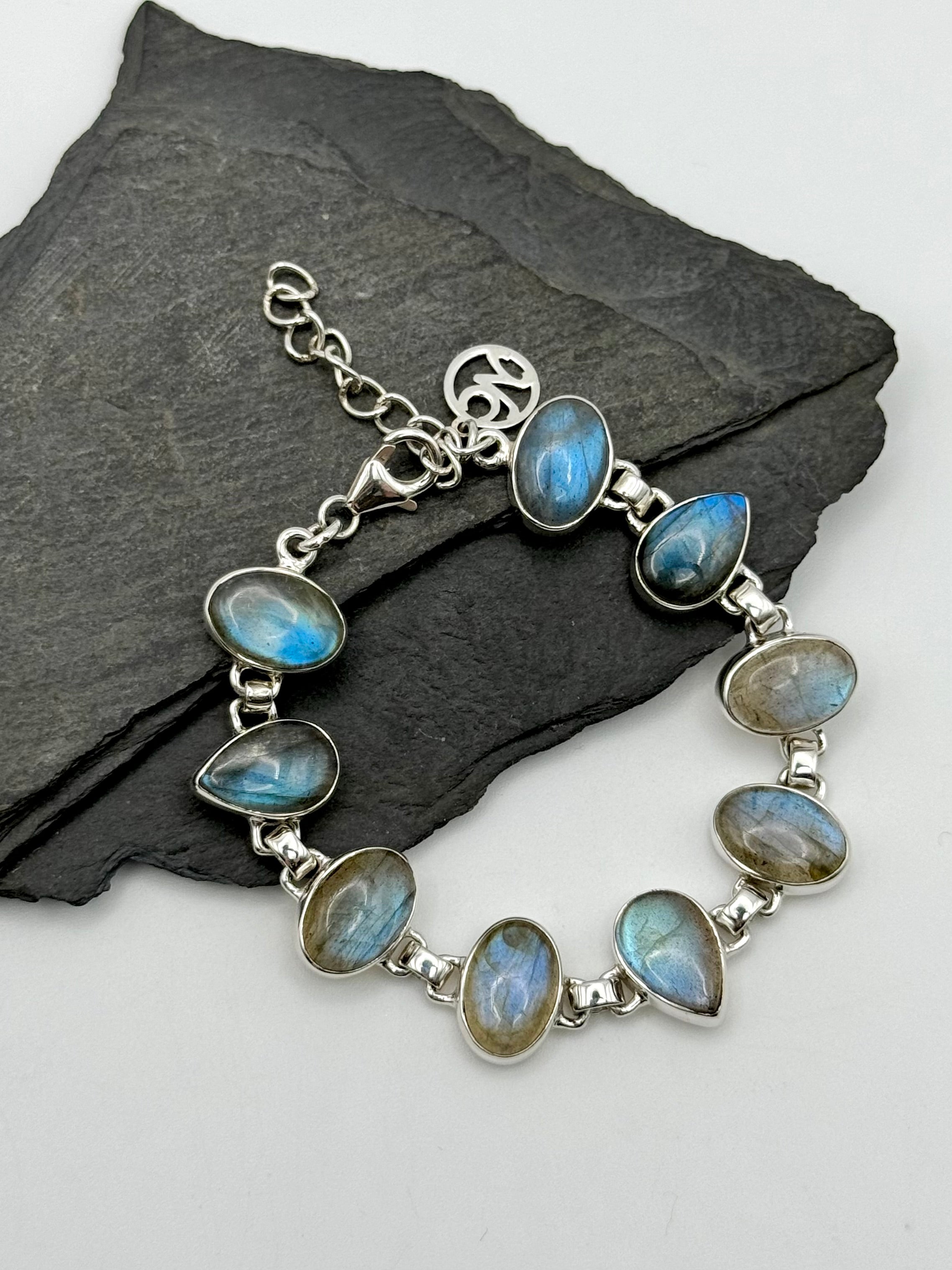 •LABRADORITE OVALS + TEARDROPS• multi-stone + silver bracelet (6.5"-7.5")