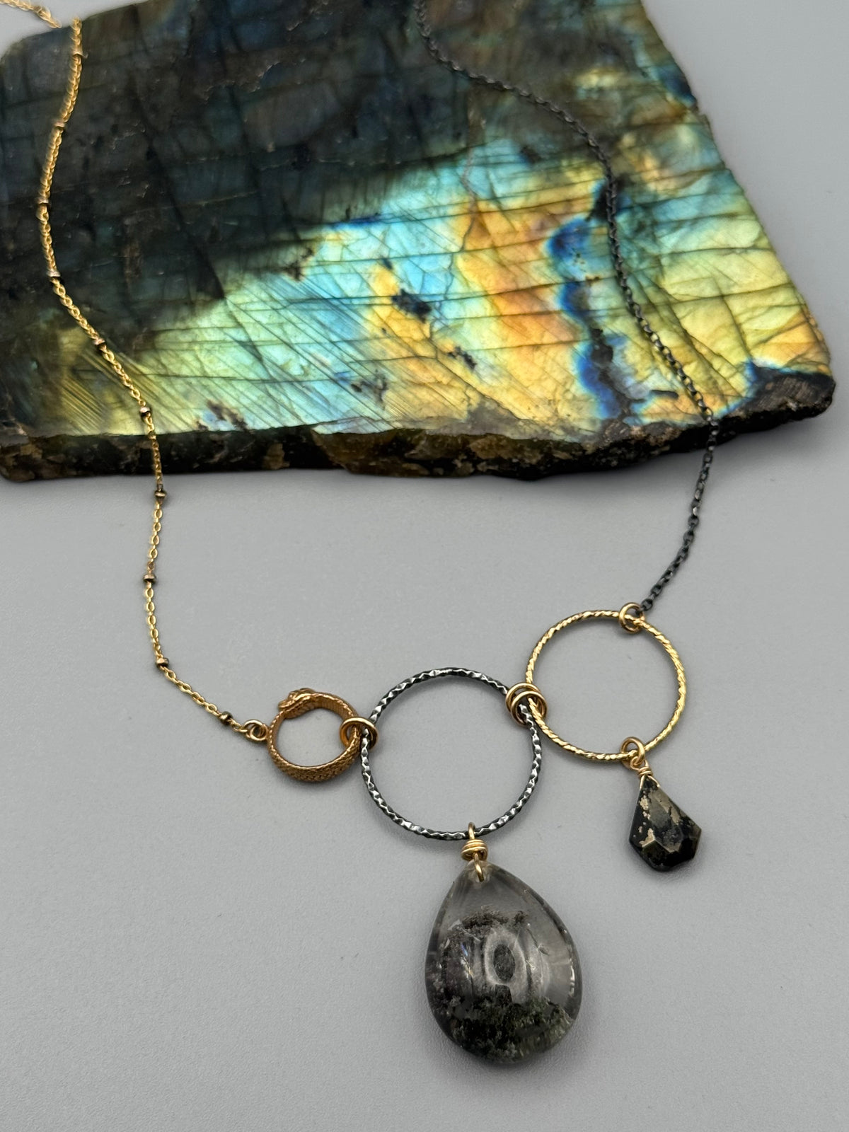 •NĀGA - UNION• lodolite + pyrite mixed metal necklace (16"-18" long)