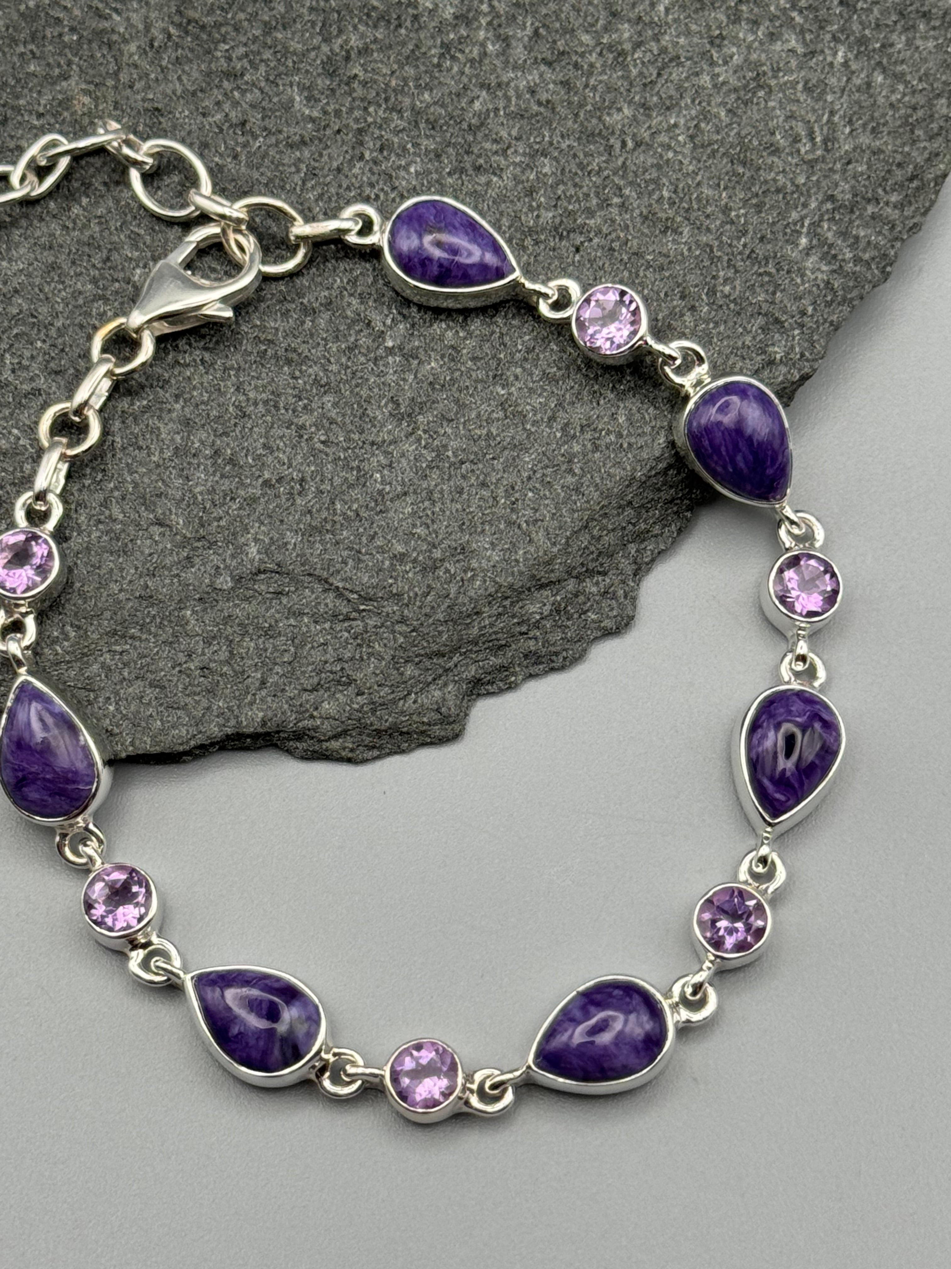 •CHAROITE + AMETHYST• linked silver bracelet (7.5" - 9")