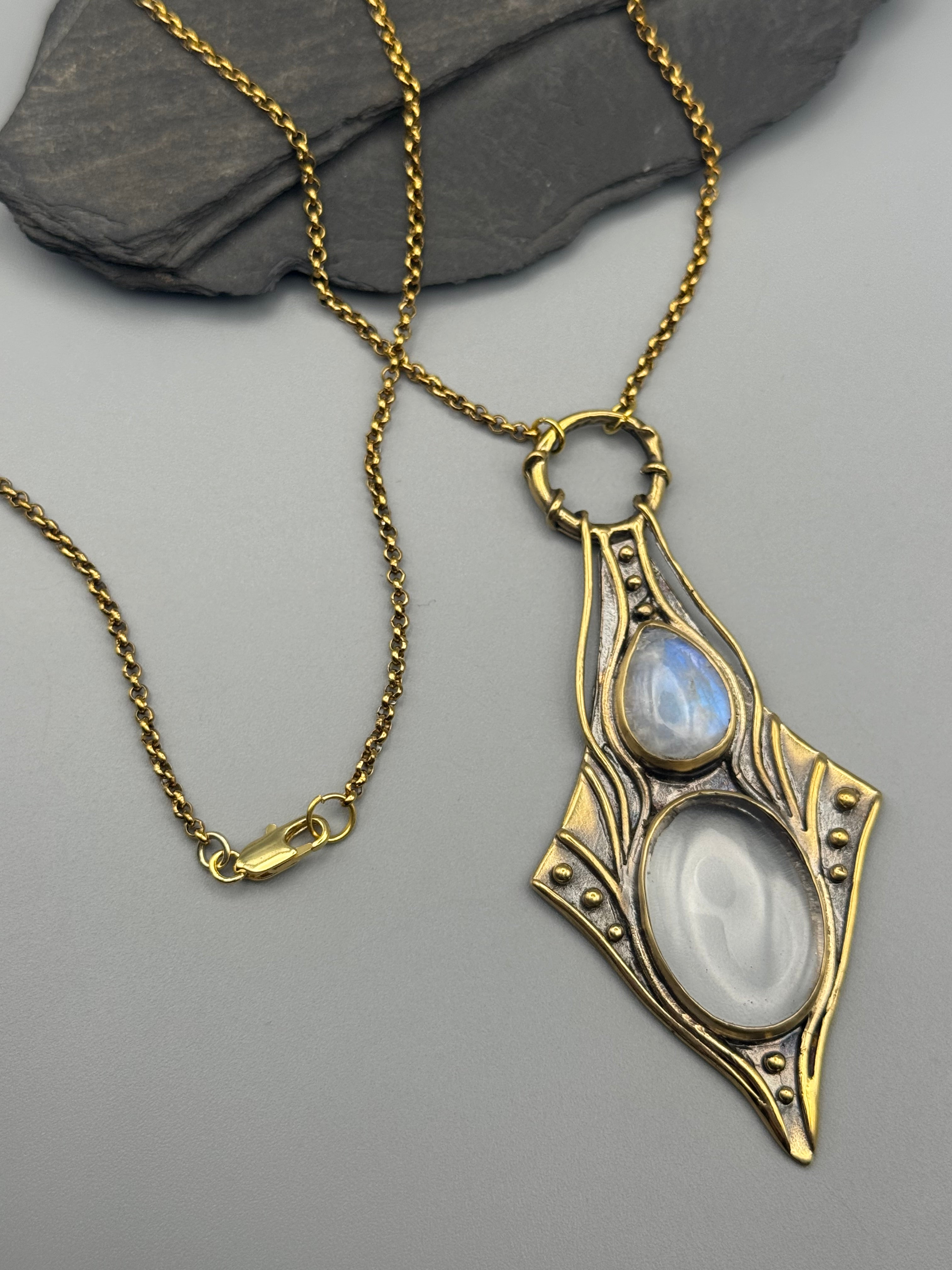 •NIMUE• rainbow moonstone + quartz gold necklace (20" long)