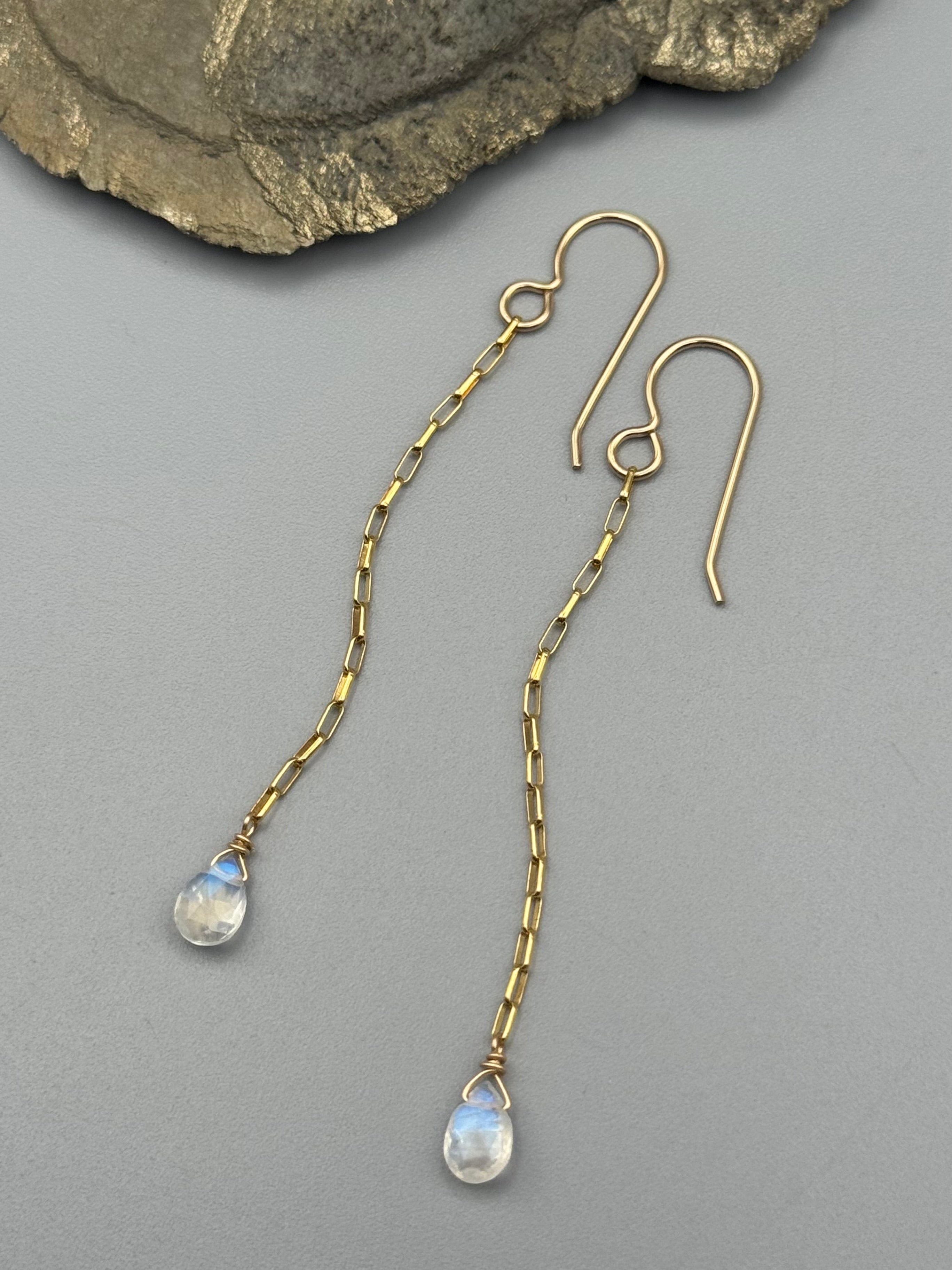 •LINKED• rainbow moonstone tear + gold earrings
