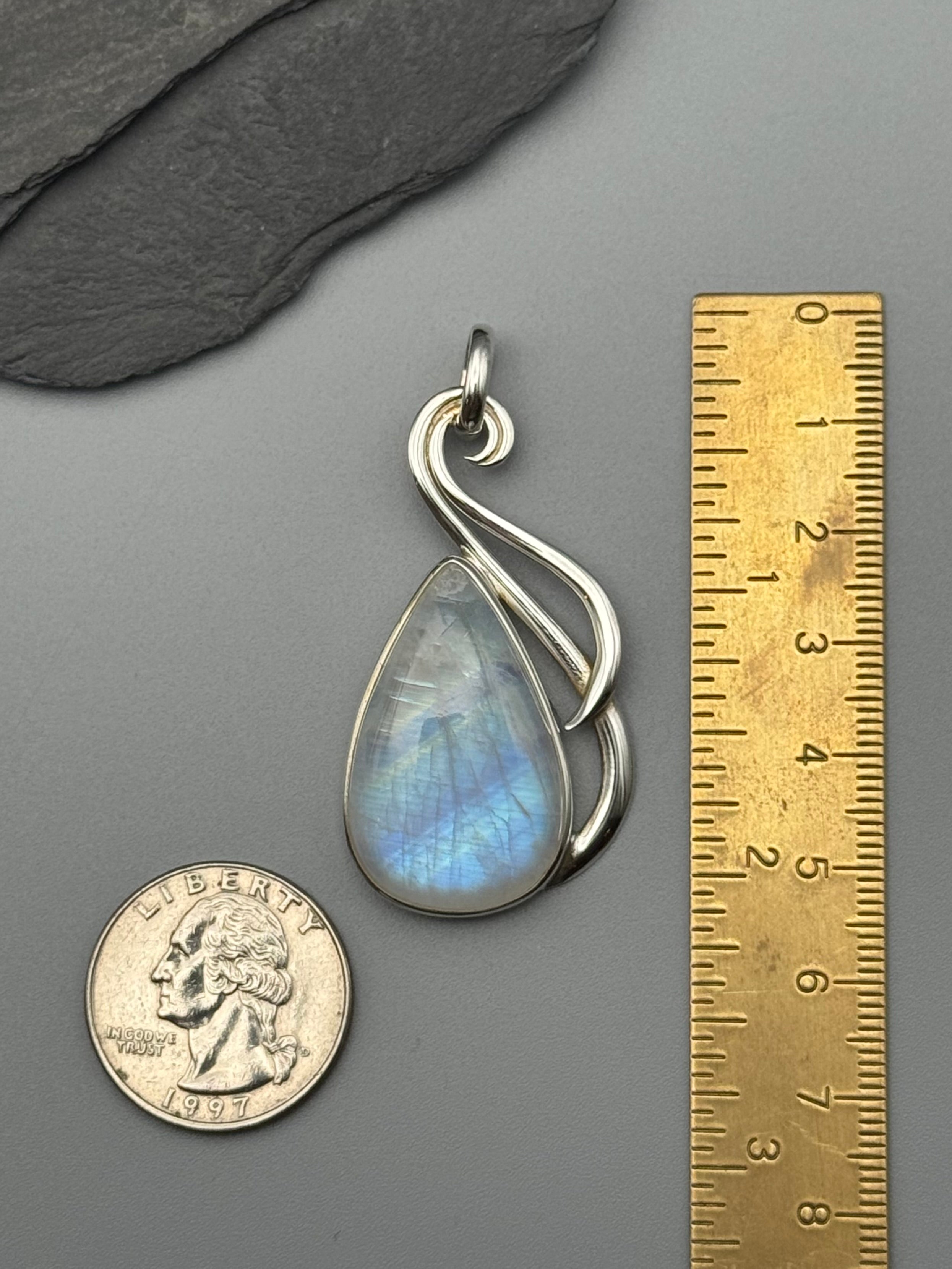 •RAINBOW MOONSTONE TEAR - MEDIUM FLOURISH• sterling silver pendant