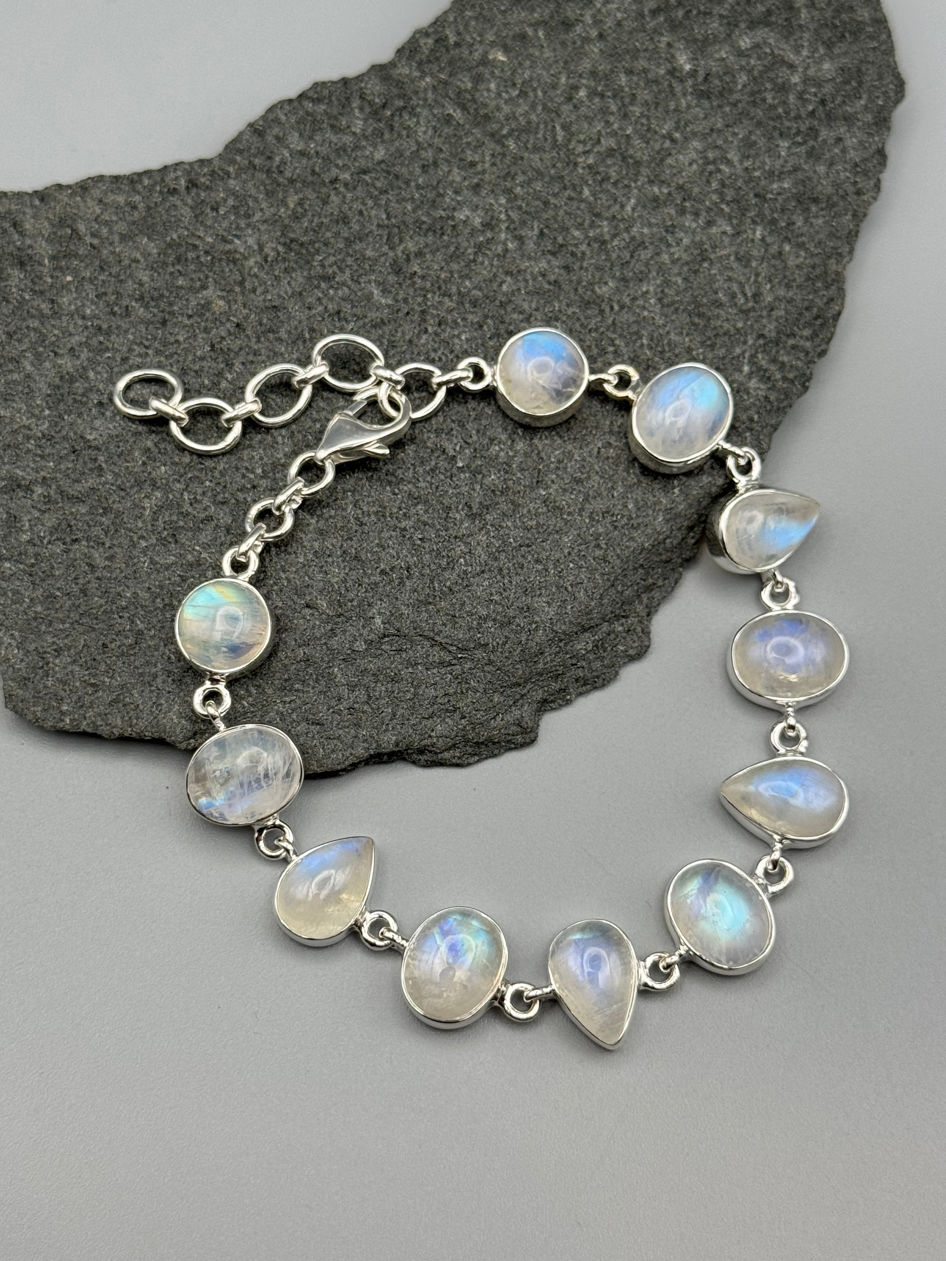 •RAINBOW MOONSTONE - GEO MIX• linked silver bracelet (7.5" - 9")