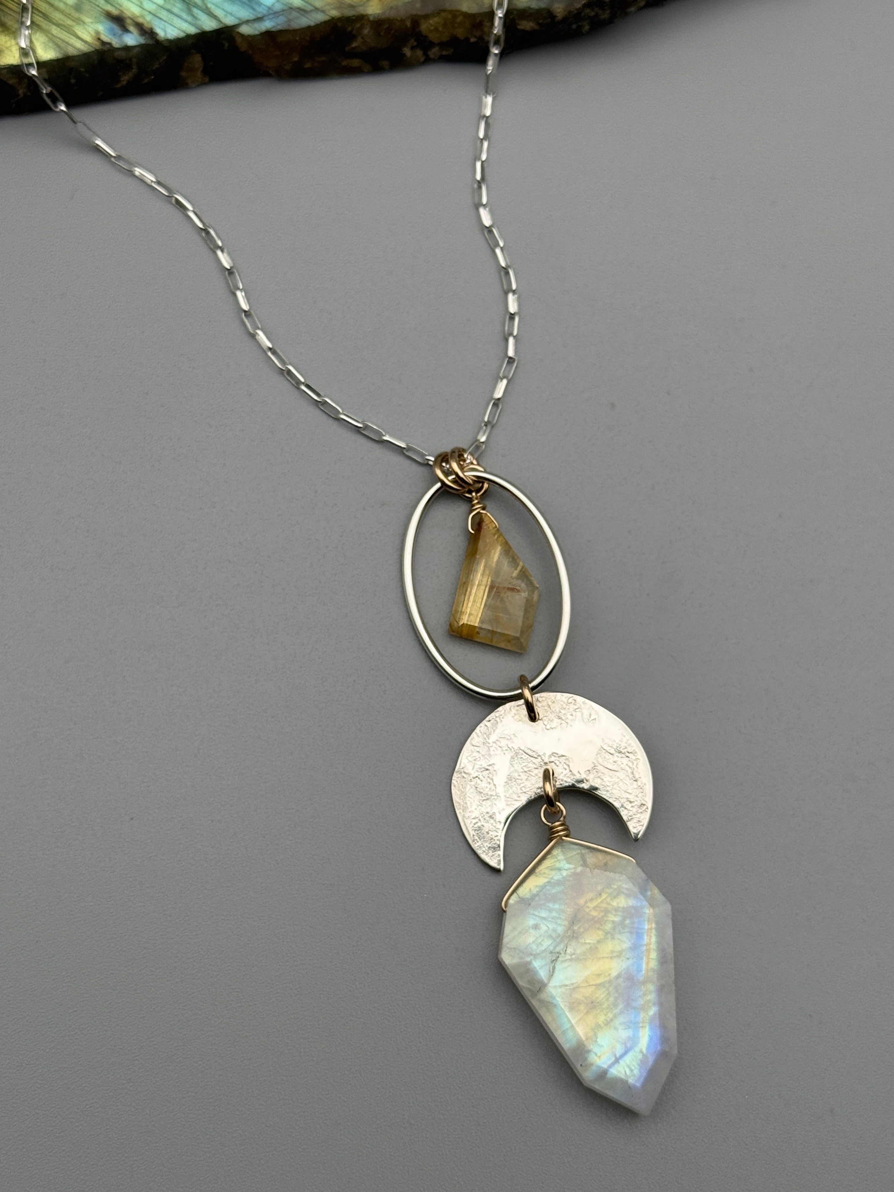 •NYX• rutilated quartz + rainbow moonstone petal mixed metal necklace (26"-28" long)
