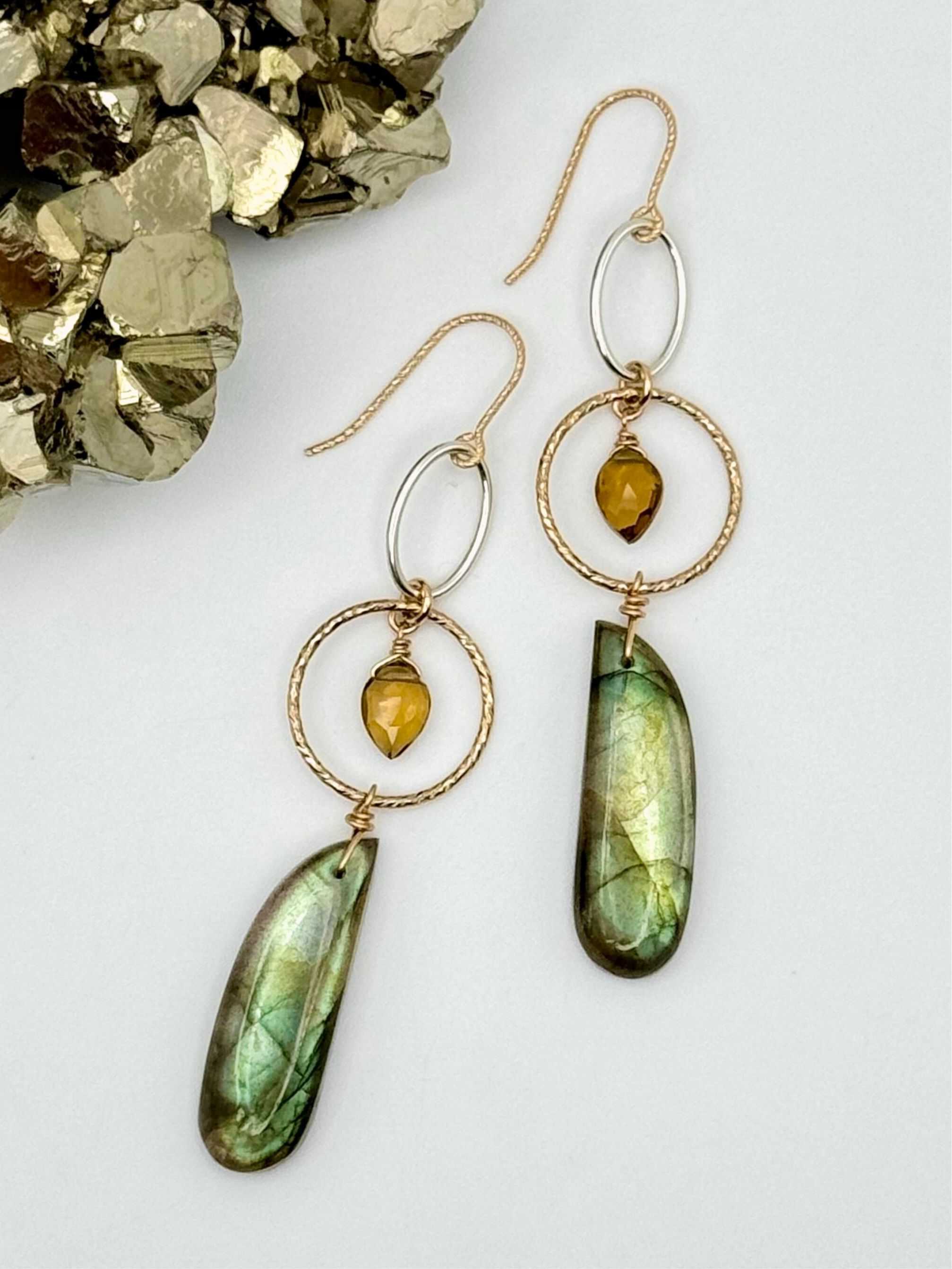 •DUA LUNA• labradorite + honey quartz + mixed metal dangle earrings