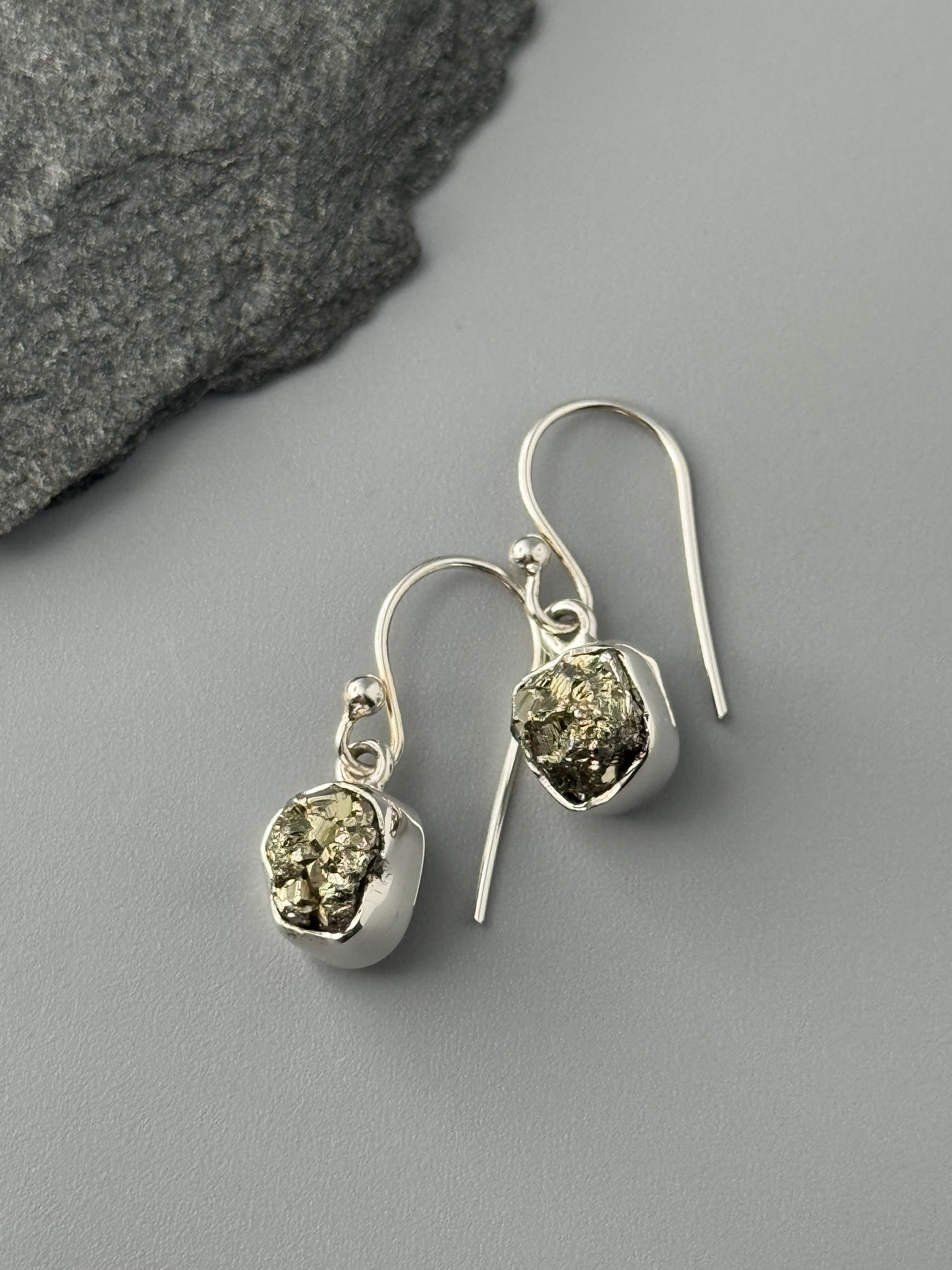 •PYRITE - ROUND FREEFORMS• silver dangle earrings