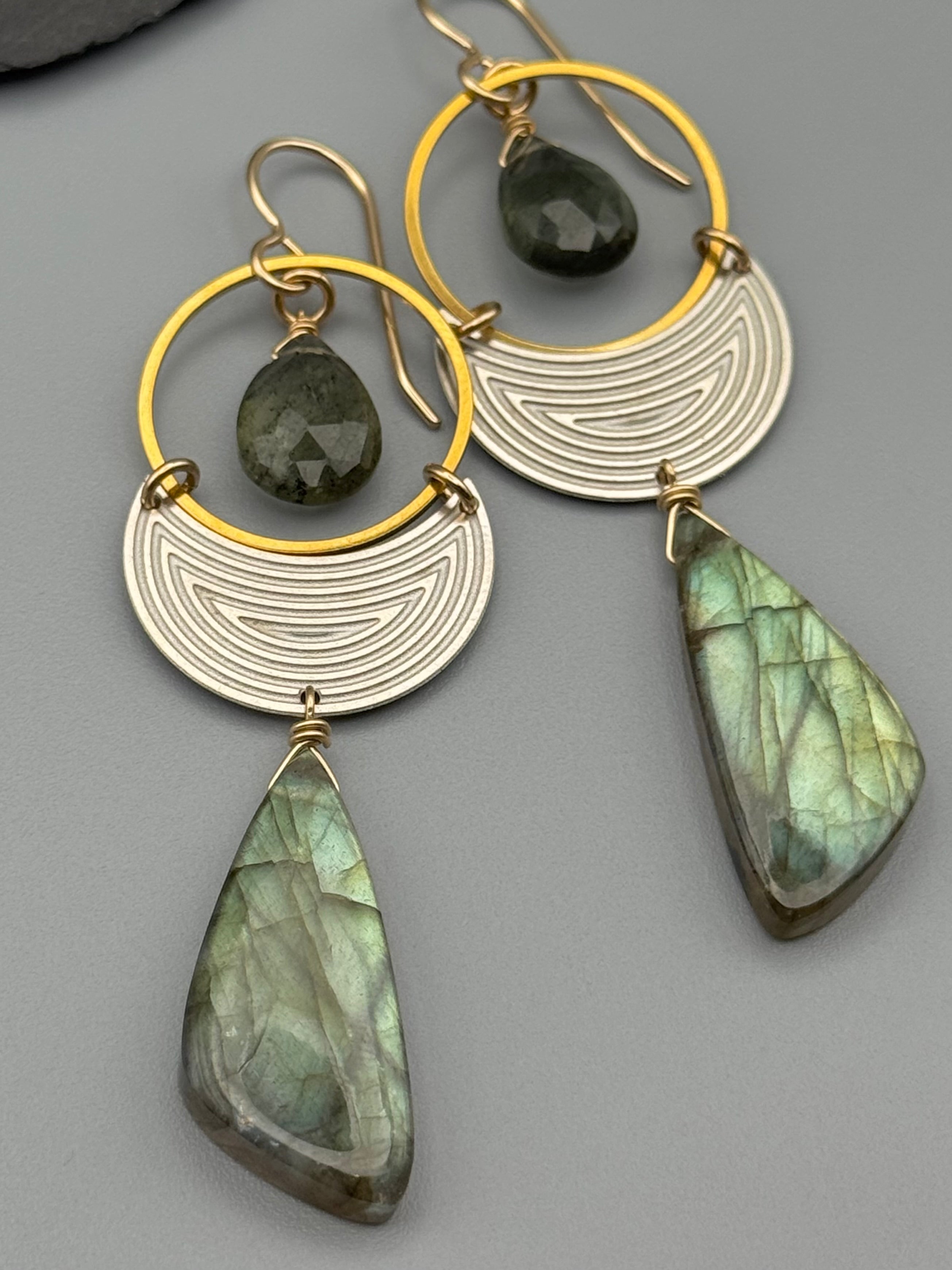 •MOON SHADOW• moss aquamarine + labradorite mixed metal earrings