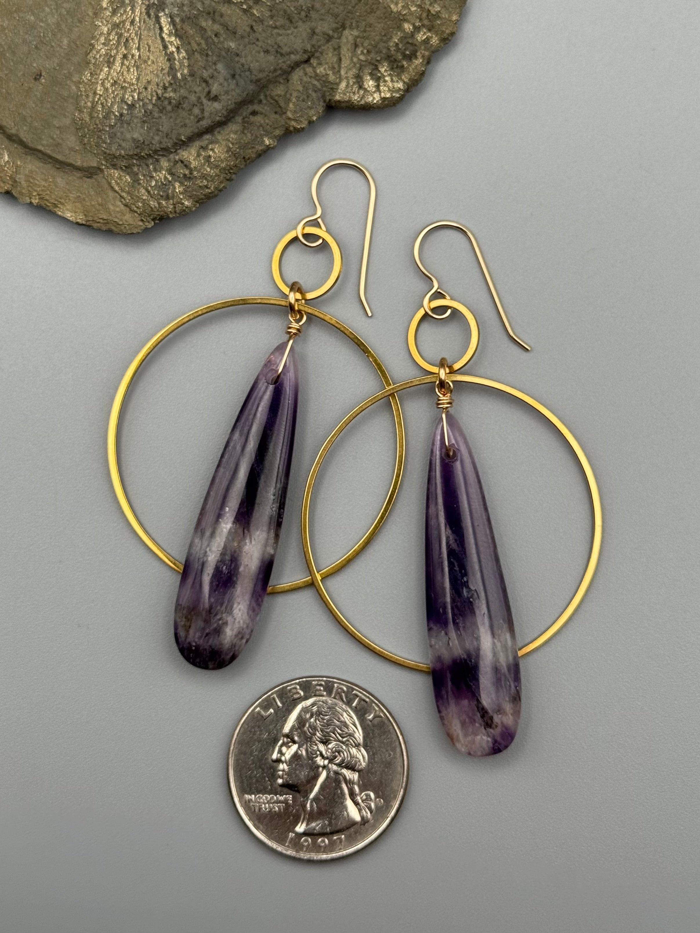 •EQUA-ORBIT• chevron amethyst tear + gold earrings