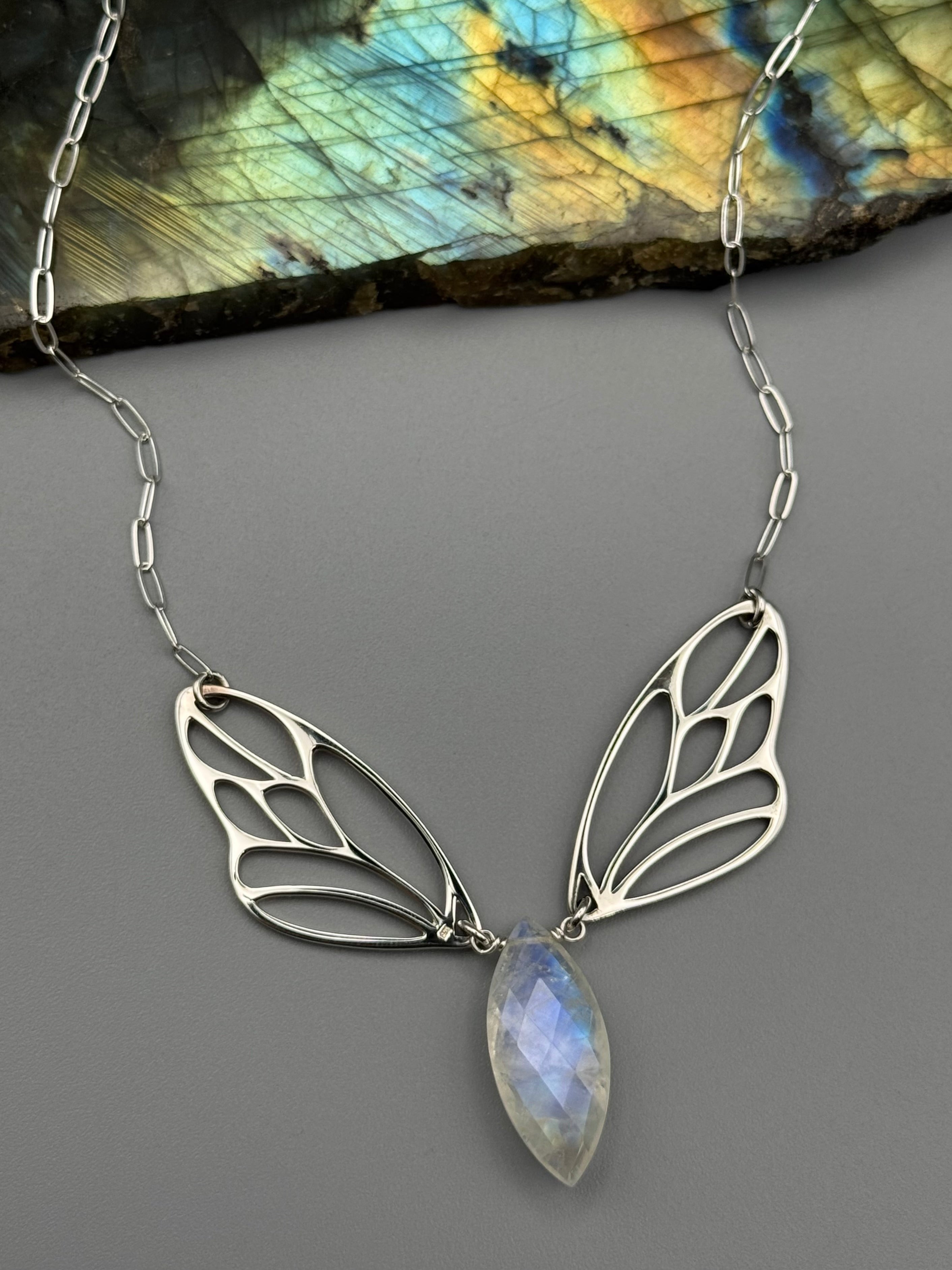 •METAMORPH• rainbow moonstone marquise + silver necklace (18"-20" long)